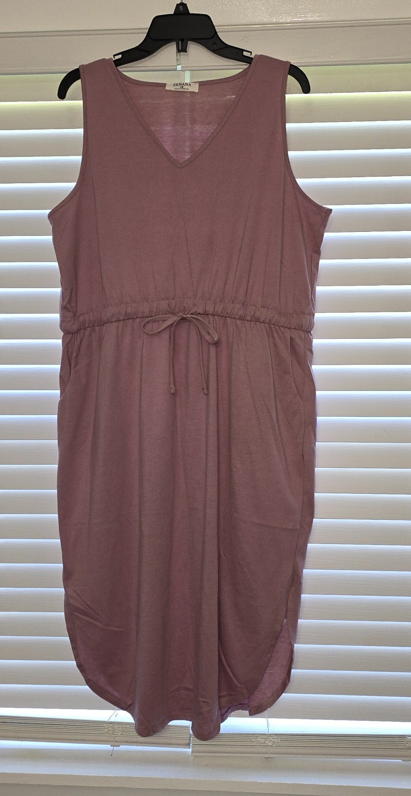 Zenana Mauve Midi Tank Dress V-Neck Sleeveless Drawstring Pockets Size 1X