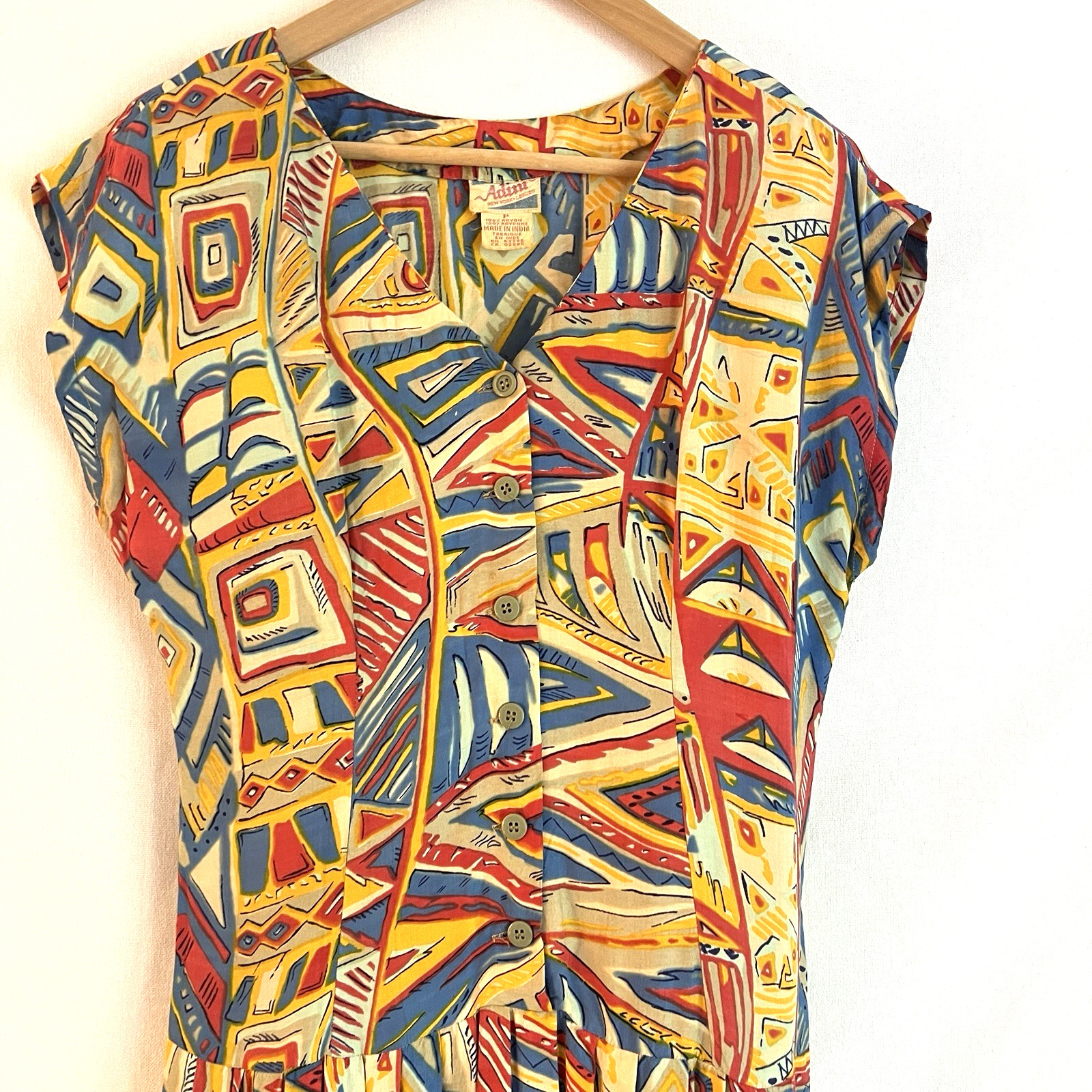 Vintage Adini Abstract Geometric Rayon Midi Dress Made India L Colorful 90s