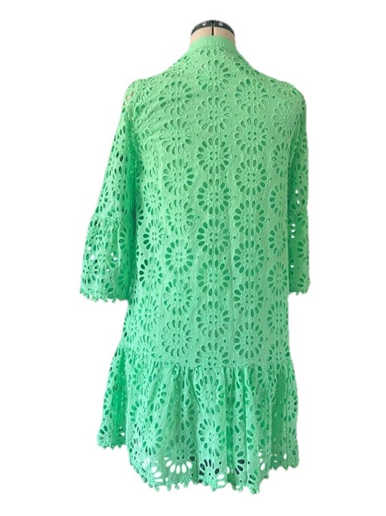 Lilly Pulitzer Green Eyelet Dress – Size Small, Pom Pom Trim, Boho Resort Vibes