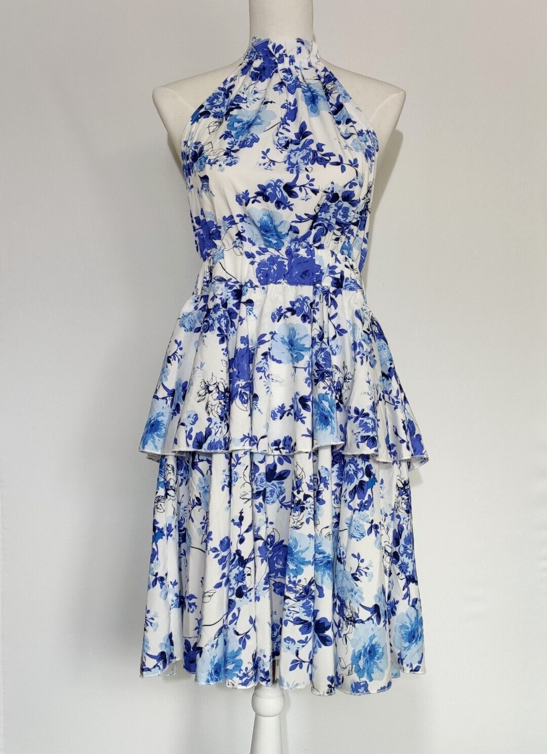 Shein Floral Halter Neck Dress, White & Blue, Layered – Size XL