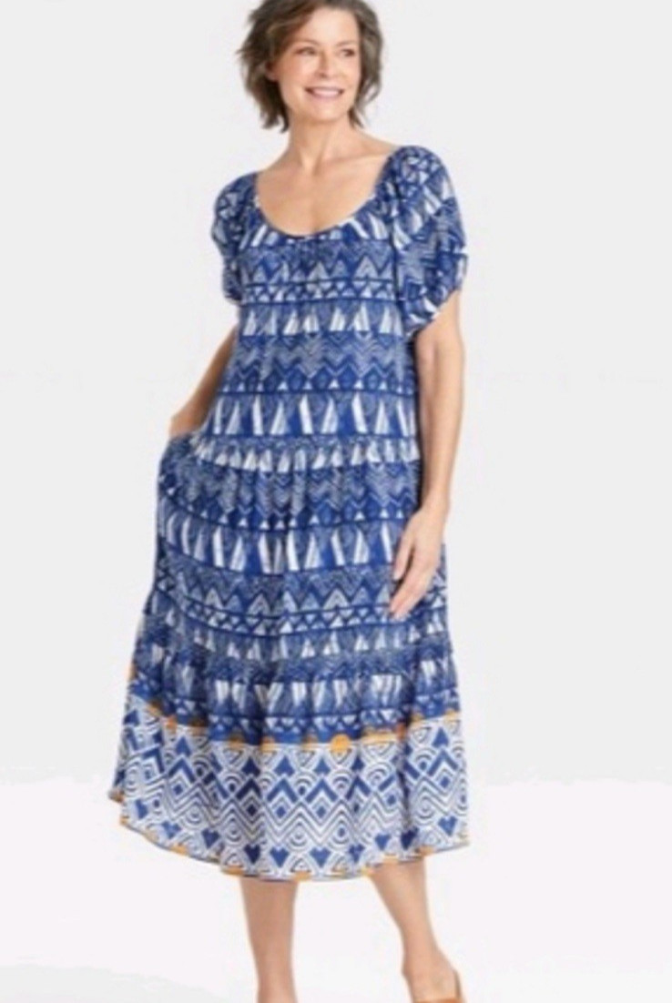 KNOX ROSE Women A Line Tiered Design Paisley Print Midi Dress Sz L Blue 3-29