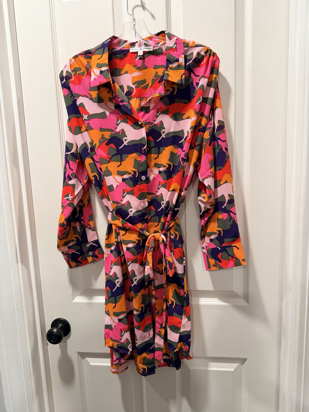 Michelle McDowell Women’s M Horse Animal Print Button Front Tie Belt Shirt Dress