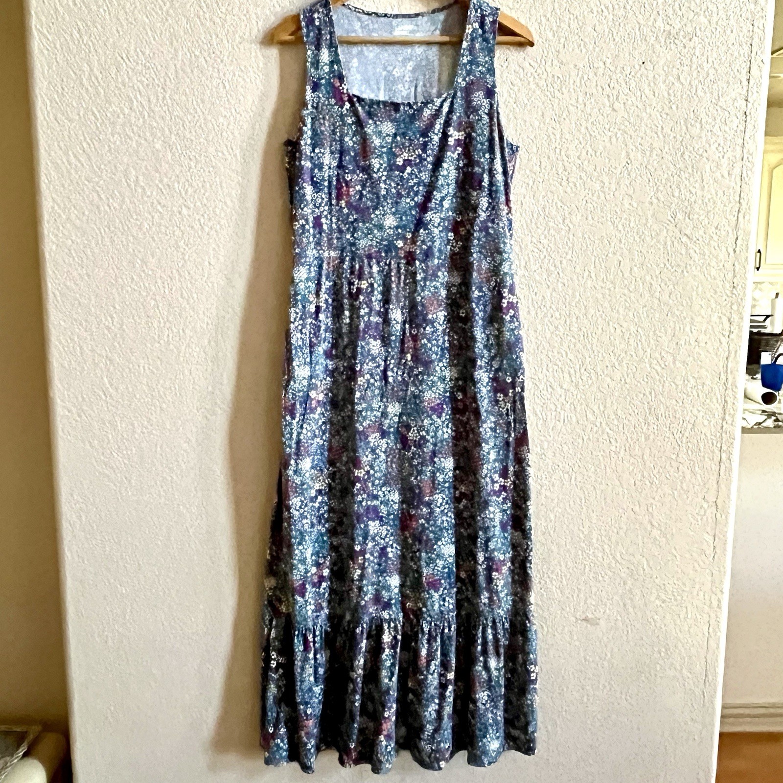 Lands’ End Womens M Tall Cotton Modal Square Neck Micro Floral Tiered Maxi Dress
