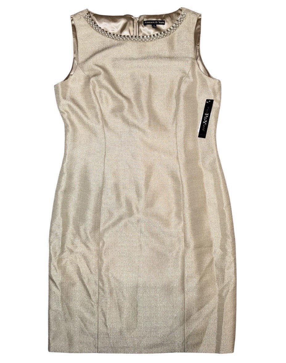 Preston & York Women Size 12 Champagne Sheath Dress Beaded Neck Sleeveless NWT
