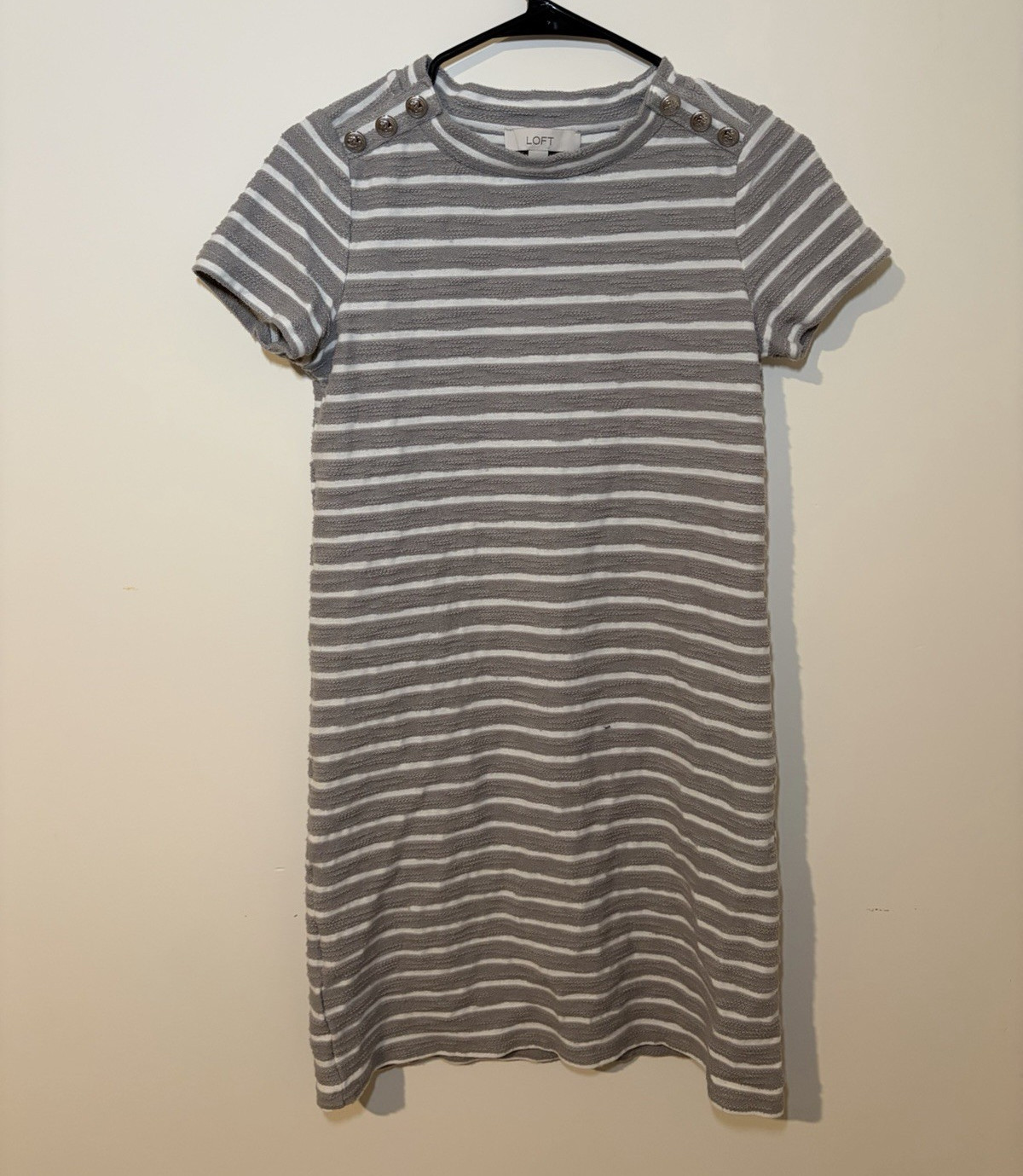 LOFT Women’s T-Shirt Dress S Gray/White Striped Short Sleeve Crew Neck Knee