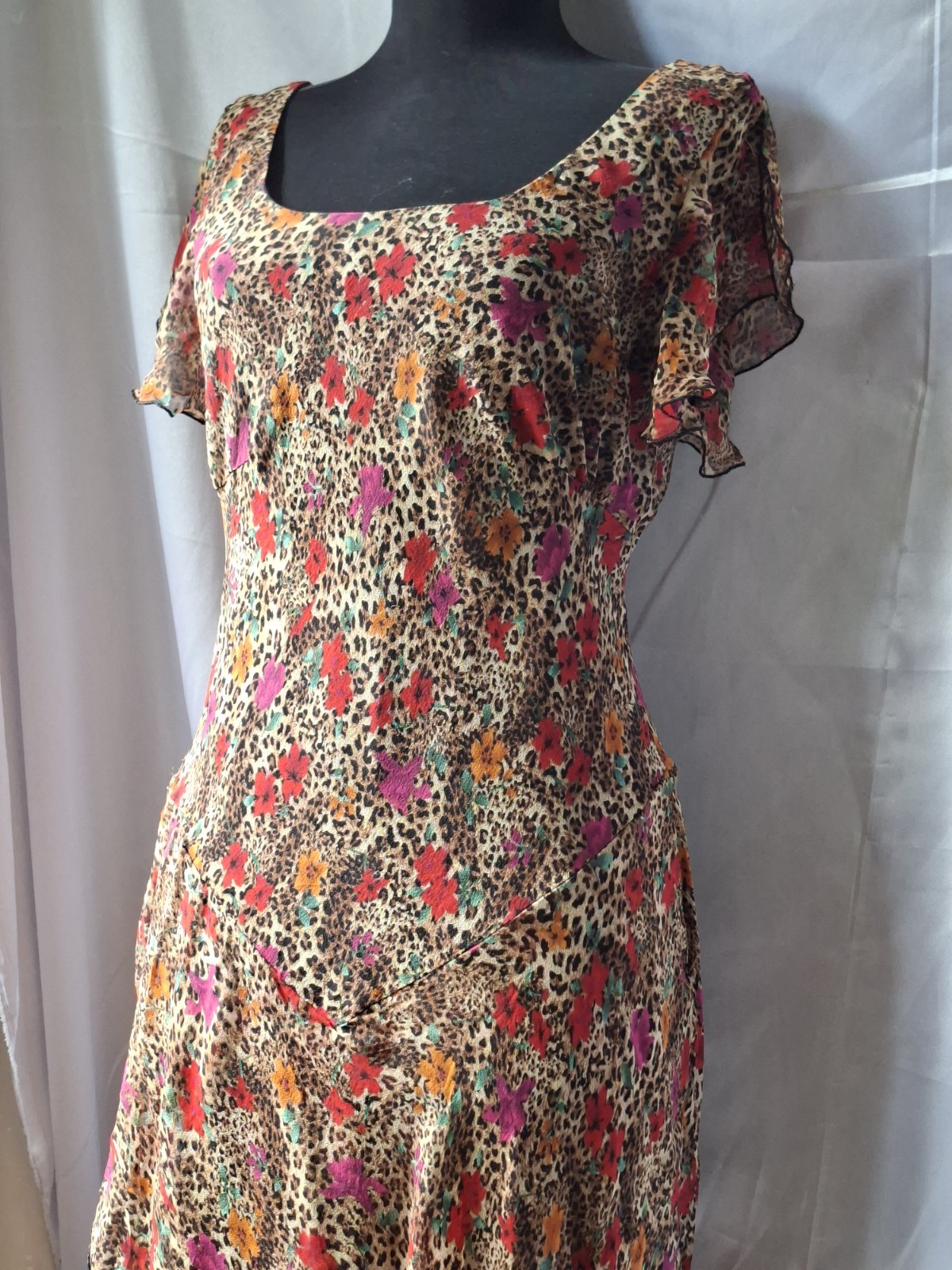 Y2K Silk Dress Leopard Floral Fairy Floaty Bias Cut Handkerchief Hem Boho 12-14