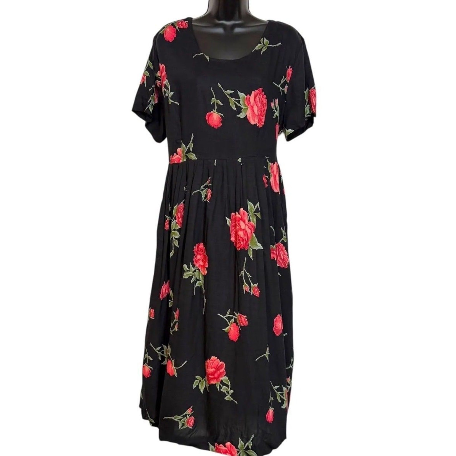 VTG 1990s BLACK & RED ROSE DARK FLORAL WHIMSIGOTH GRUNGE BABYDOLL MAXI DRESS L