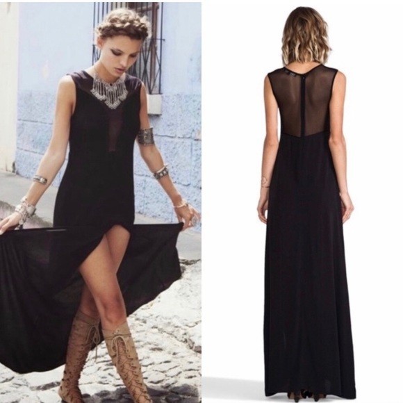 FOR LOVE & LEMONS Black Maxi Length Dress Sheer Mesh Thigh Slit Women’s Size XS