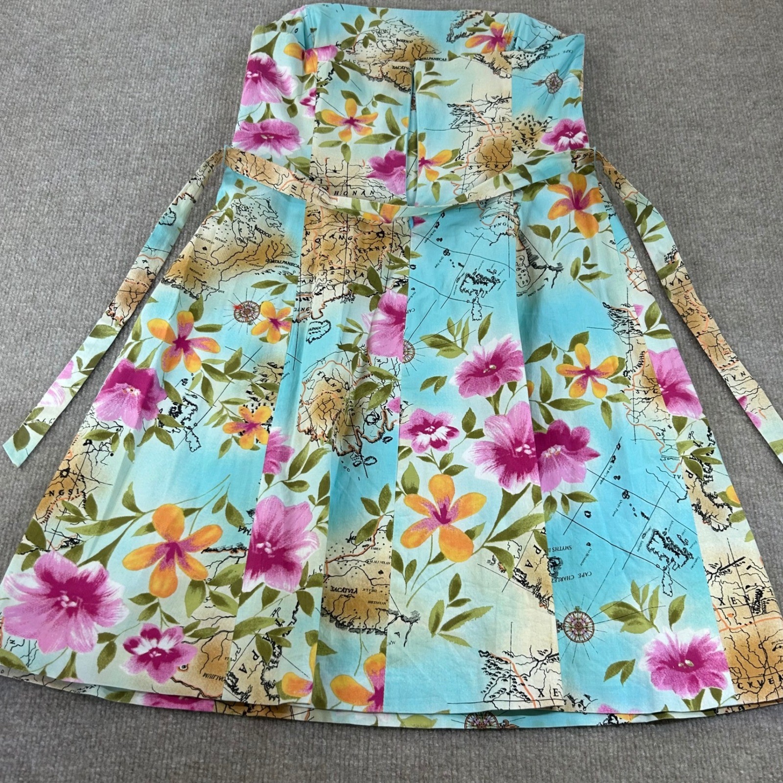 Robin Jordan Strapless Floral Map Print Dress Blue Size 8 Cotton Spandex Travel