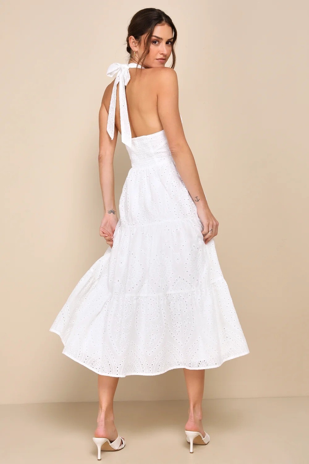 Lulus S White Eyelet Halter Maxi Dress Smocked Back Tie Closure Cotton