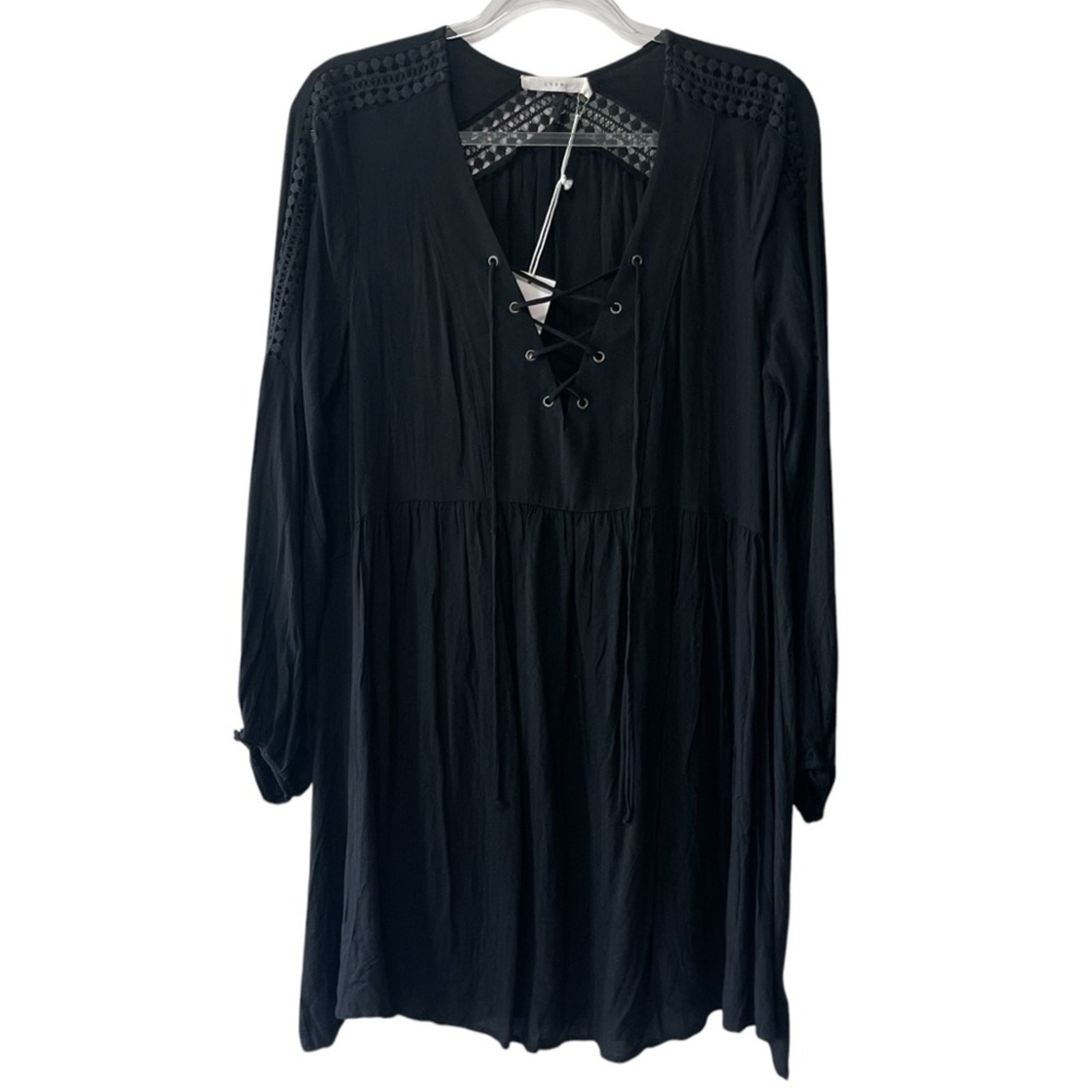 Lush Long Sleeve Lace Trim Front Tie Boho Mini Dress Black Size Large