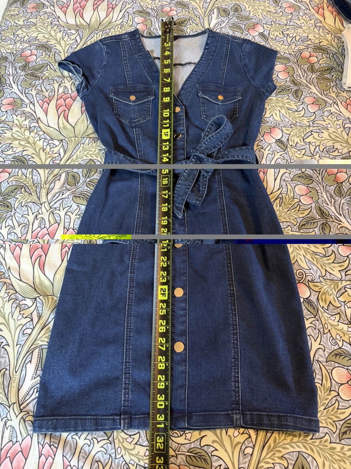 GBG Los Angeles Women’s Blue Solid Denim Shirt Dress V-Neck Belted Pockets XS