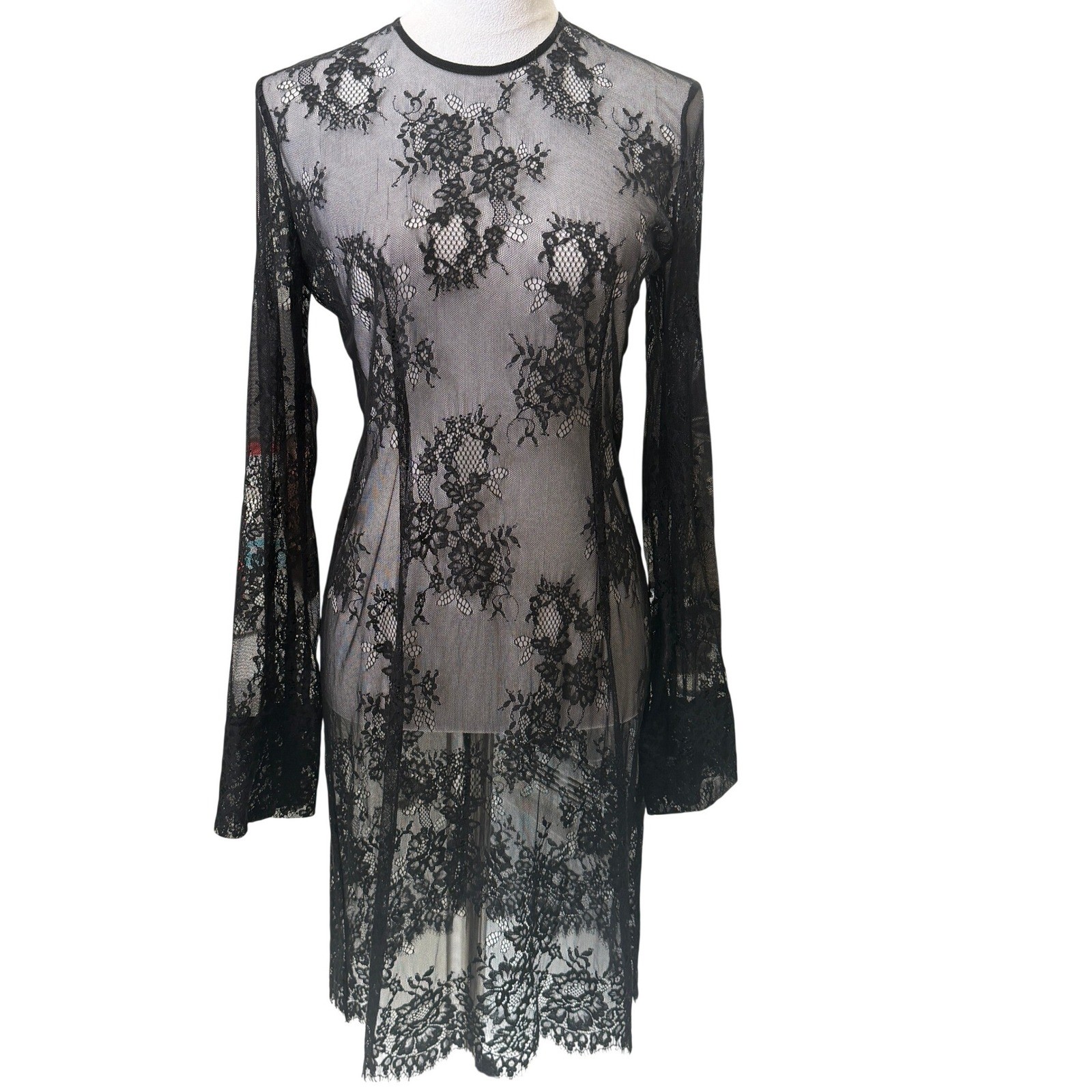 JNBY Womens Sheer Floral Lace Bell Sleeve Midi Dress Gothic Romantic Designer S
