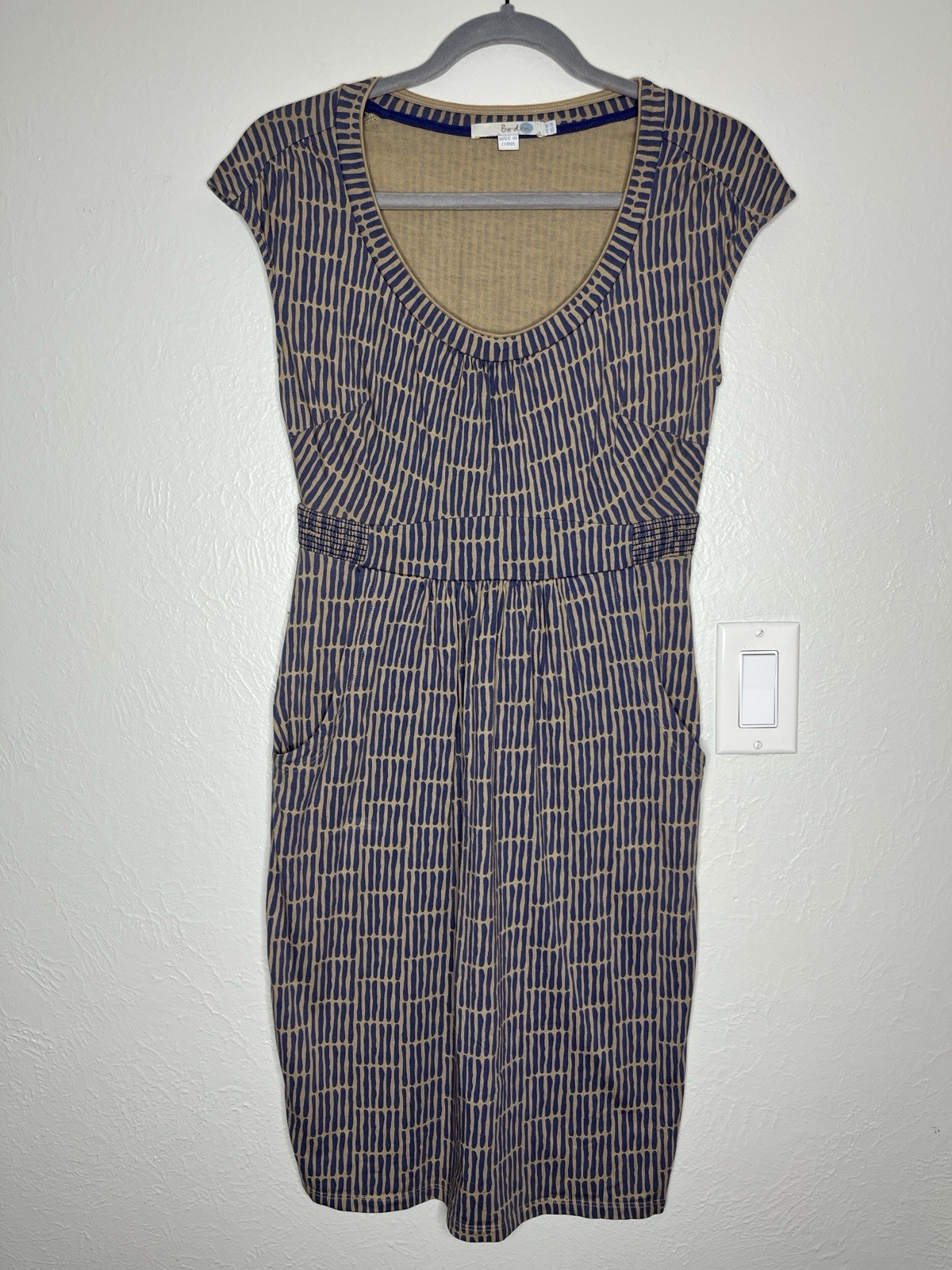 Boden Margot Midi Dress Tan/Blue Printed Jersey – Size 4 Preppy Office Summer