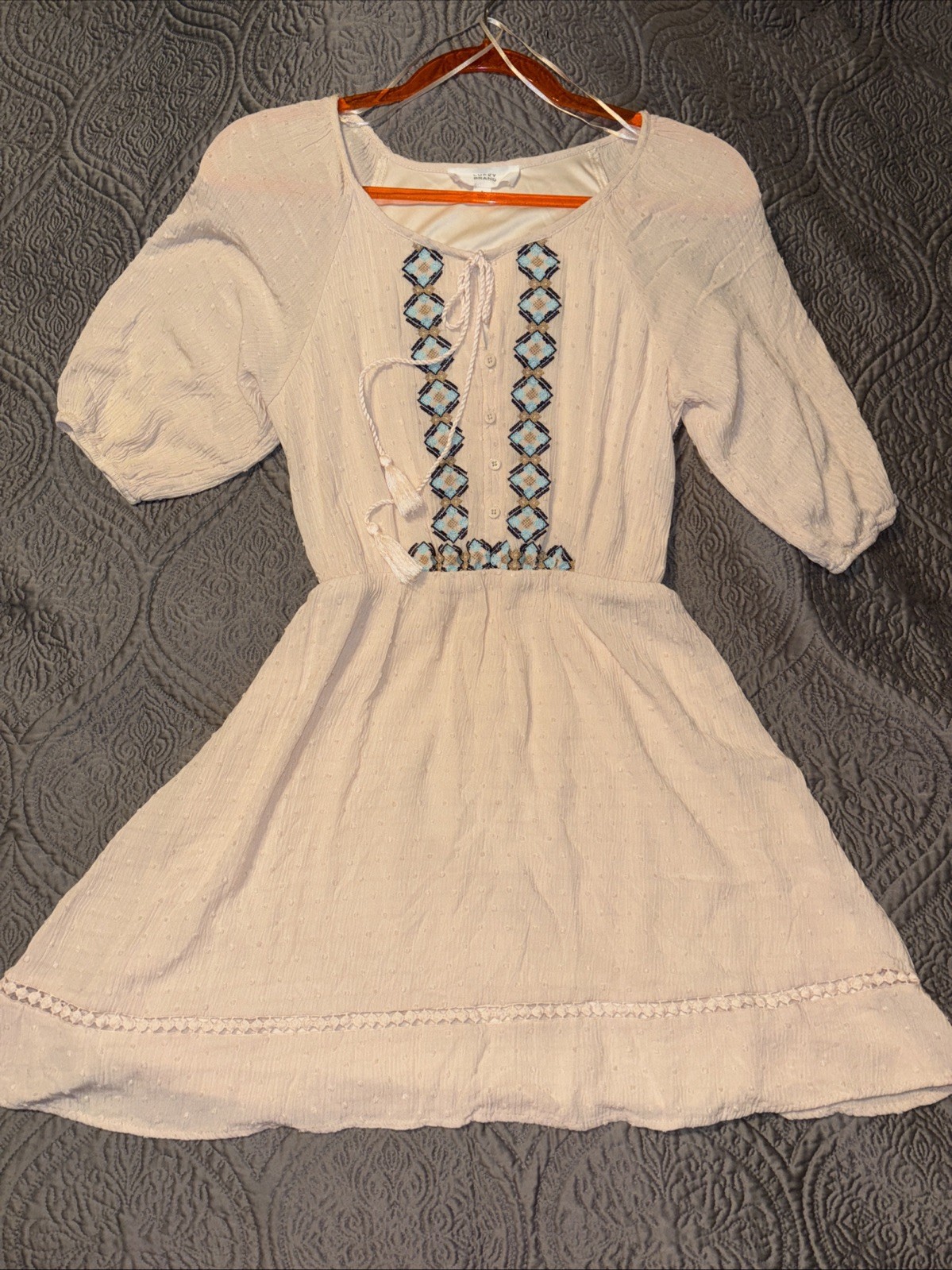 LUCKY BRAND Fall Western Peasant Dress S Cream Ivory Solid Blue Smocked Cowgirl