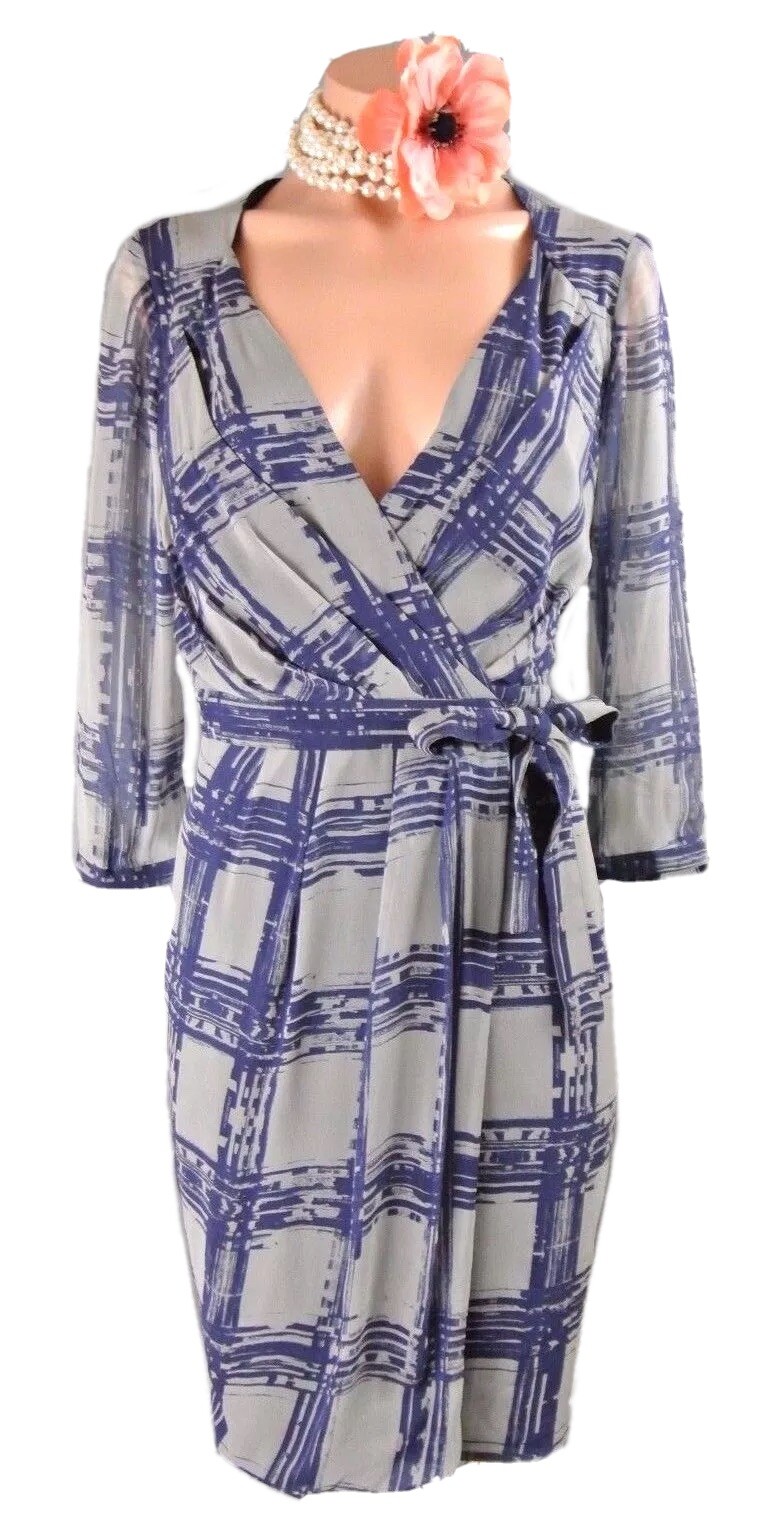 In Add Minus Wrap Sheath Dress 6 S Work Cocktail Checkered SILK Blue Gray