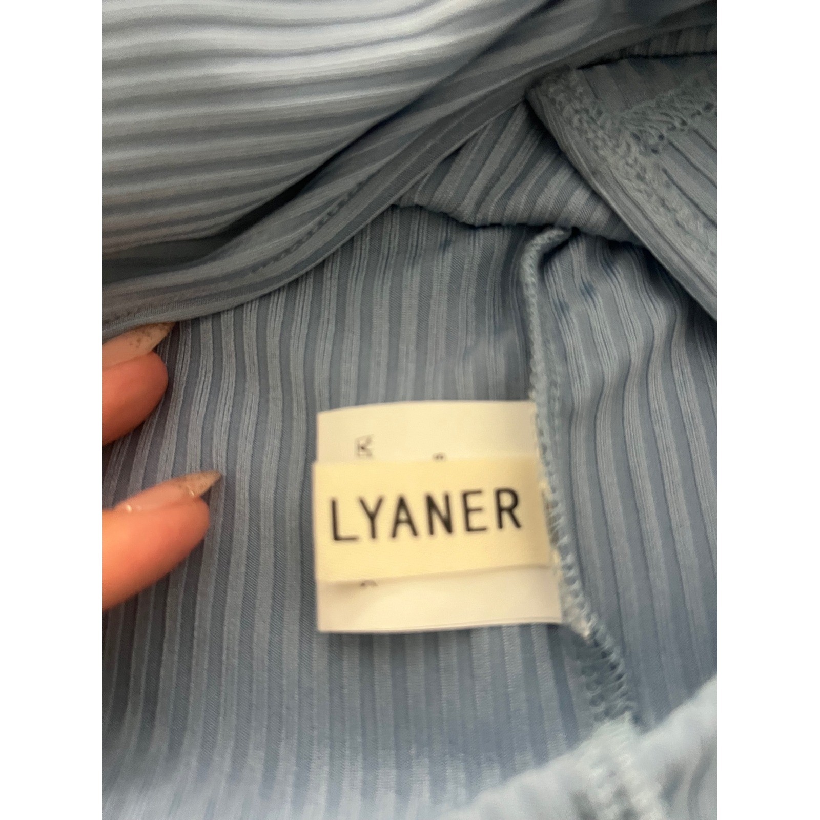 LYANER Light Blue Ribbed Tie Front Cutout Maxi Dress Small Side Slit Bodycon
