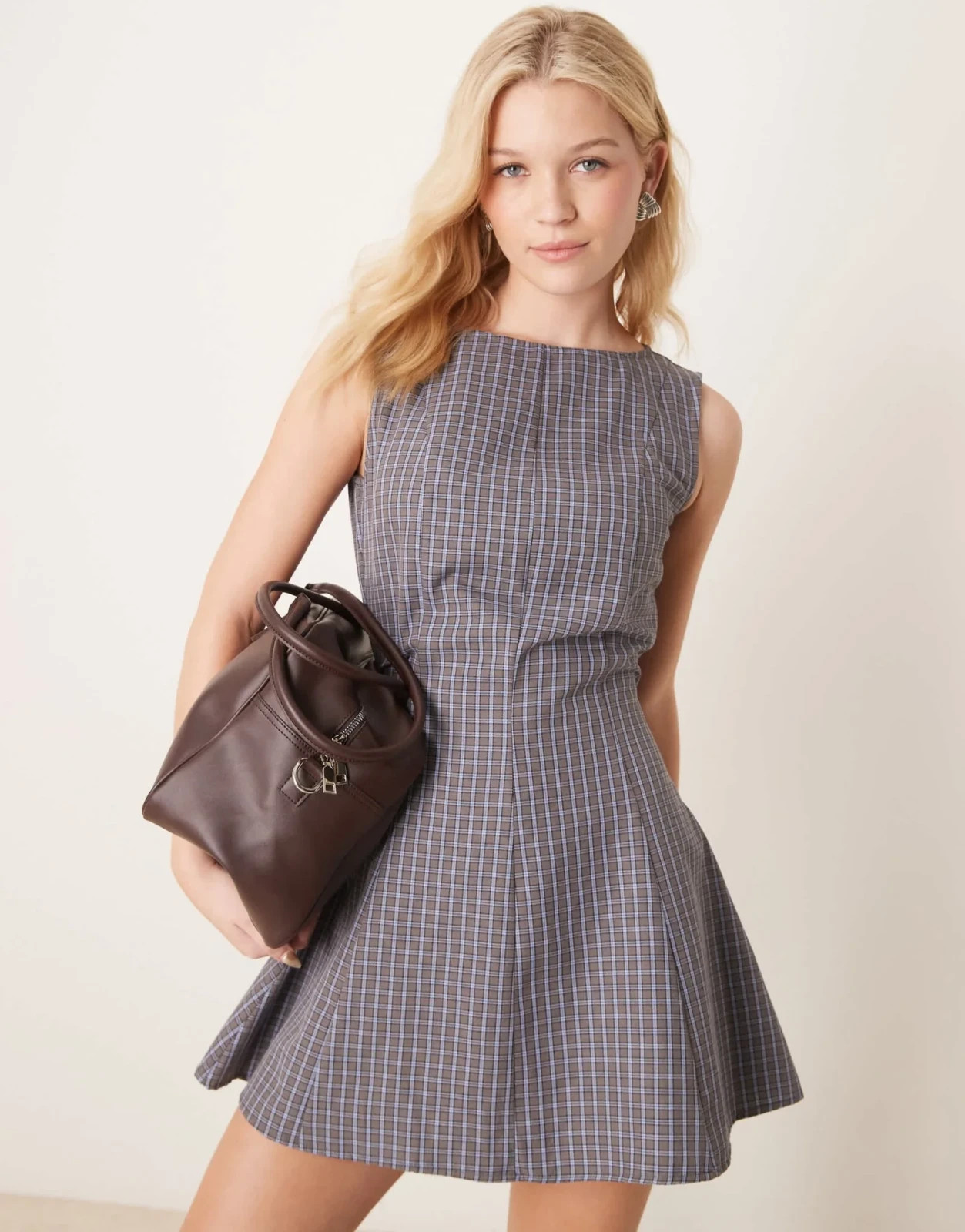 ASOS Blue Check Tie Back Cinch Waist Seam Detail Boat Neck Mini Dress 14