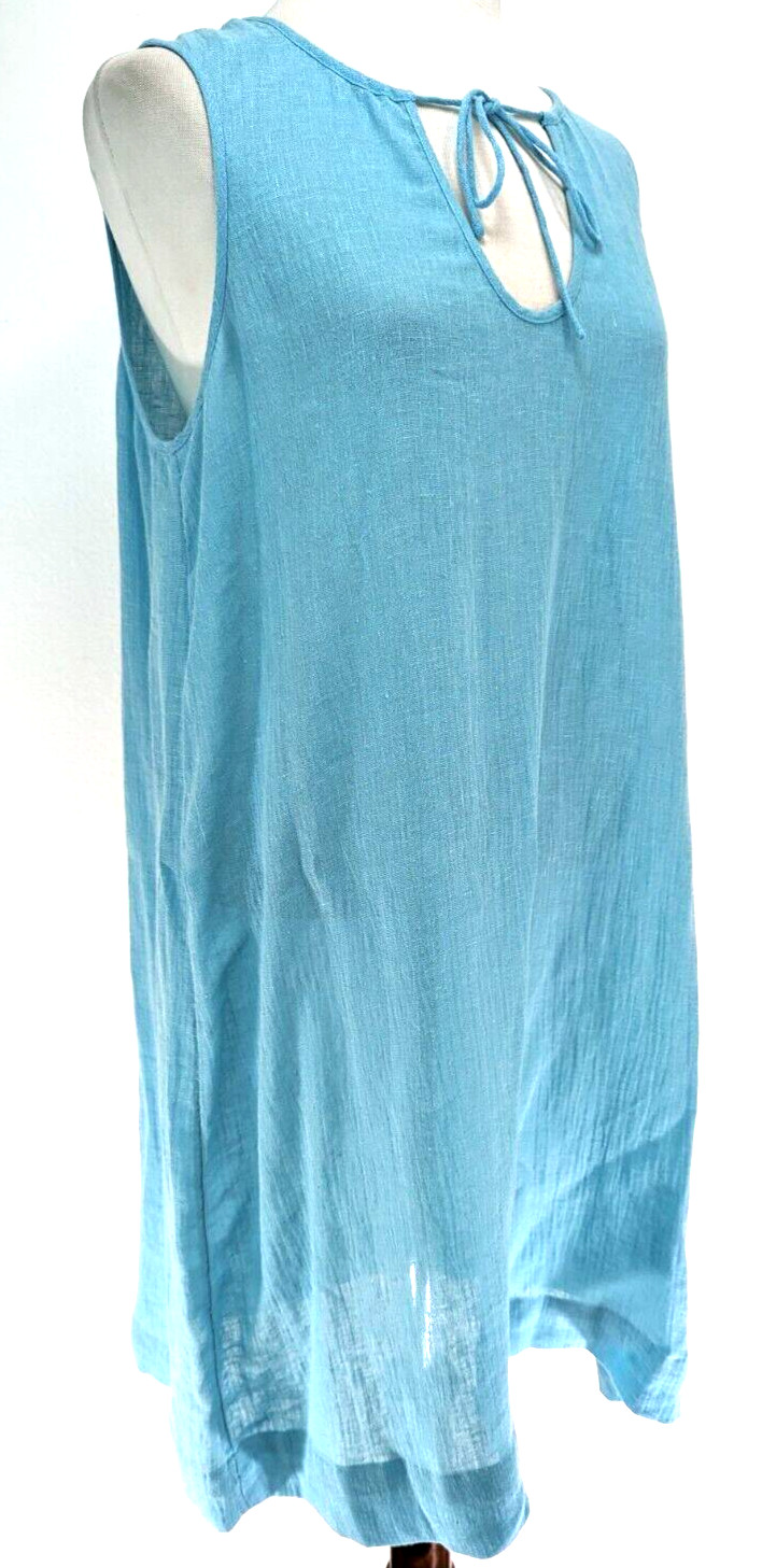 EILEEN FISHER 100% ITALIAN Linen AQUA Sleeveless A-Line Dress Tie Front L VEUC!*