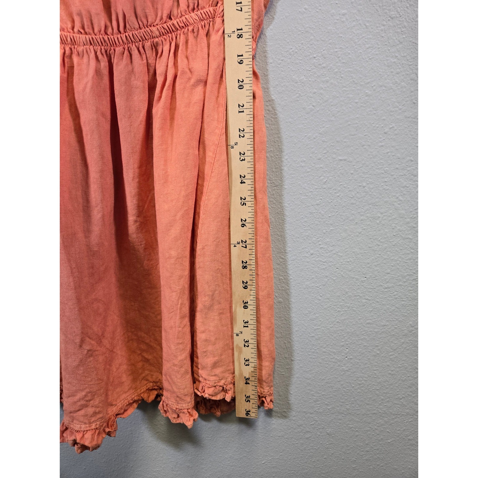 Bella Dahl Linen Boho Ruffle Tie Neck Elastic Waist Mini Dress Orange Large