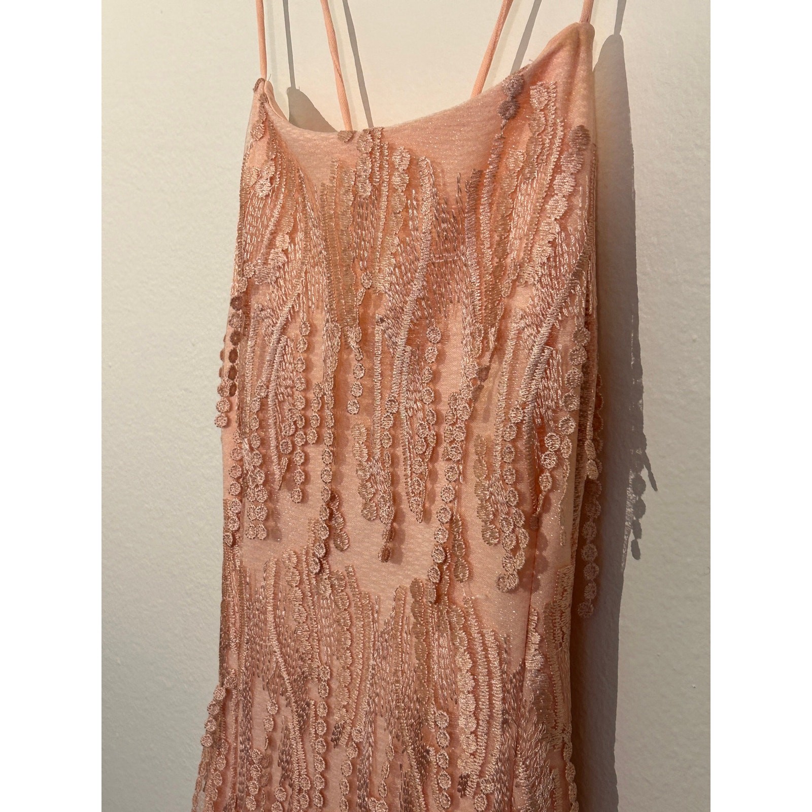 EUC- Lulus Making Magic Blush Pink Fringe Lace-Up Mini Dress SZ S – Retail $70