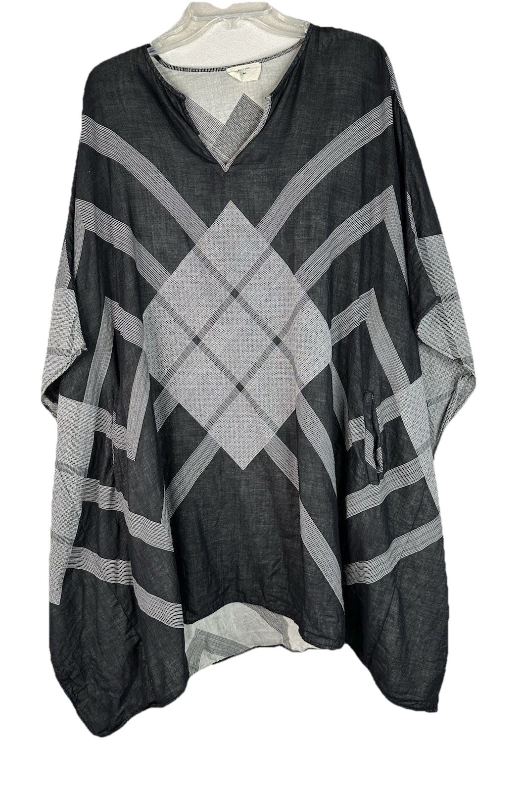 BILLY REID Boxy Tunic Kaftan Poncho Shirt Sz M / L Black Plaid Gauze monochrome