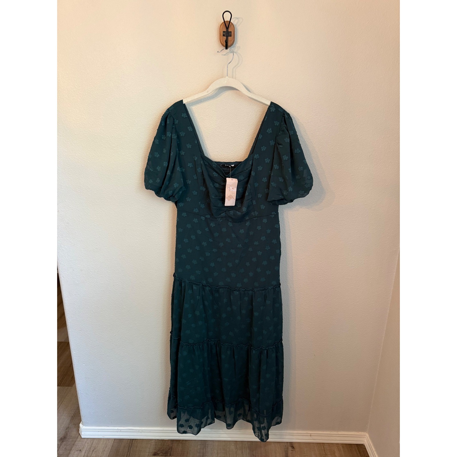 Fashion Floral Clip Dot Midi Dress Women XL Green New Puff Sleeve Tiered Chiffon