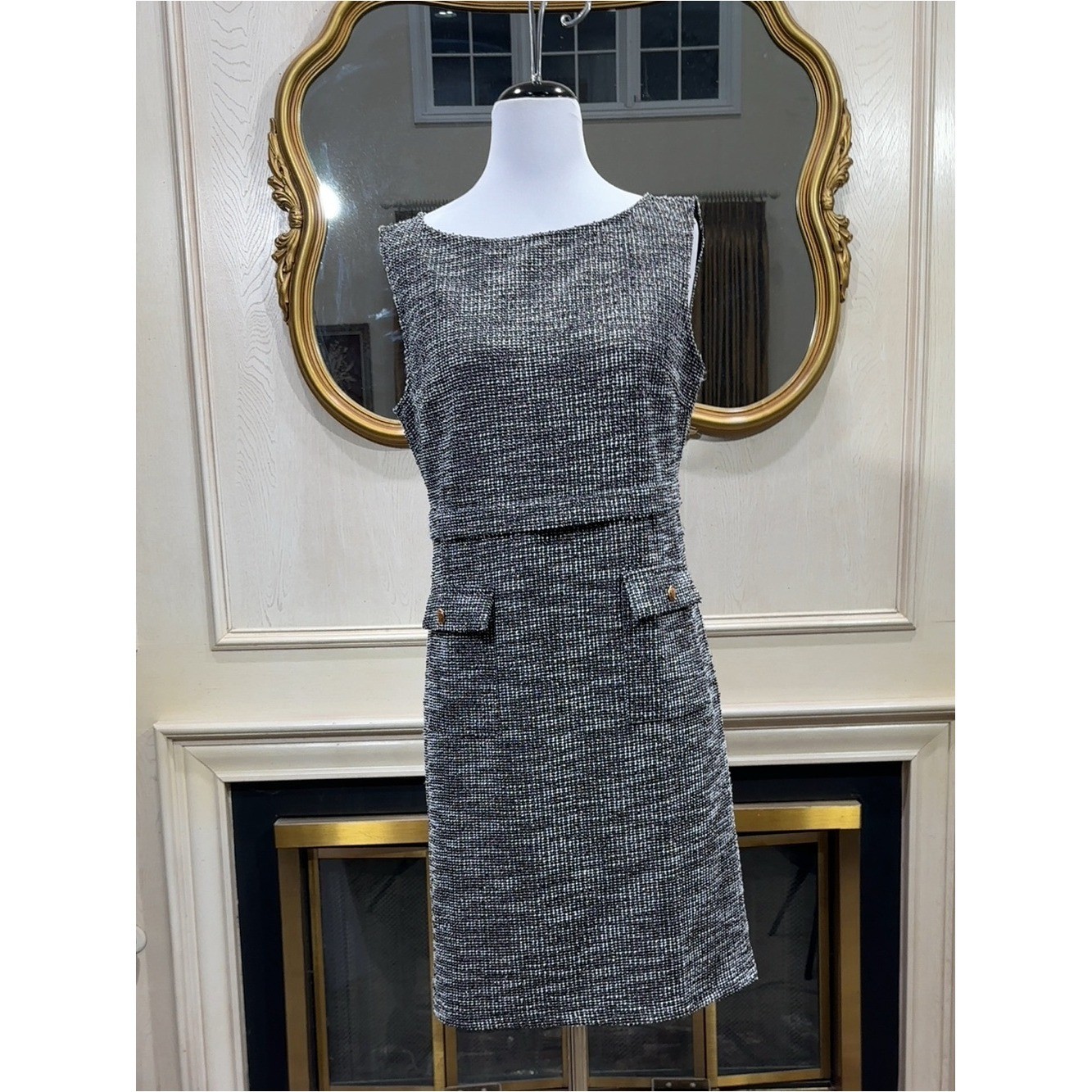Hobemty Shift Dress M Black White Tweed Metallic Old Money Preppy Clueless