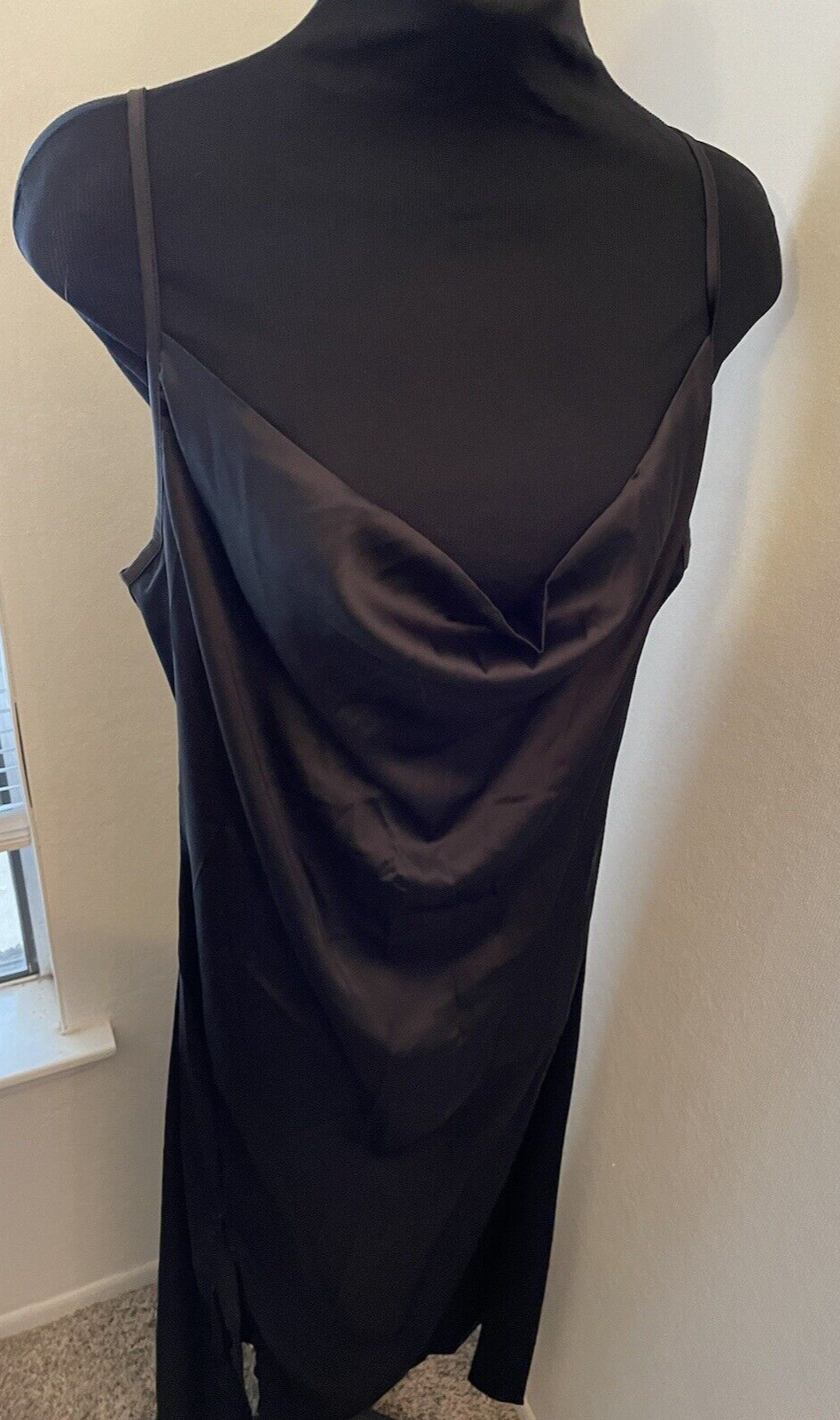 Black Satin Maxi Slip Dress Cami Spaghetti Strap Slit Cocktail evening Size L