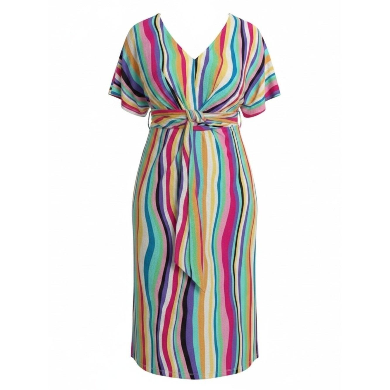 ELOQUII | Rainbow Multicolor Striped V-Neck Wrap Around Tie-Waist Dress | 22
