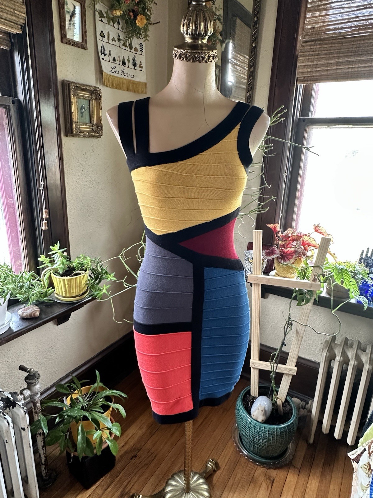 WOW Couture Women’s Bandage Dress Color Blocked NWOT Sz.M Top Cut Asymmetrical