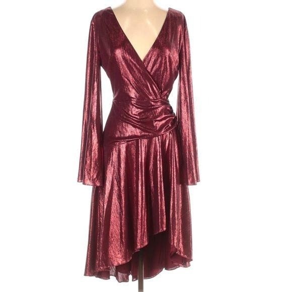 Keepsake The Label Never Again Metallic Berry Faux Wrap Dress Asymmetrical New