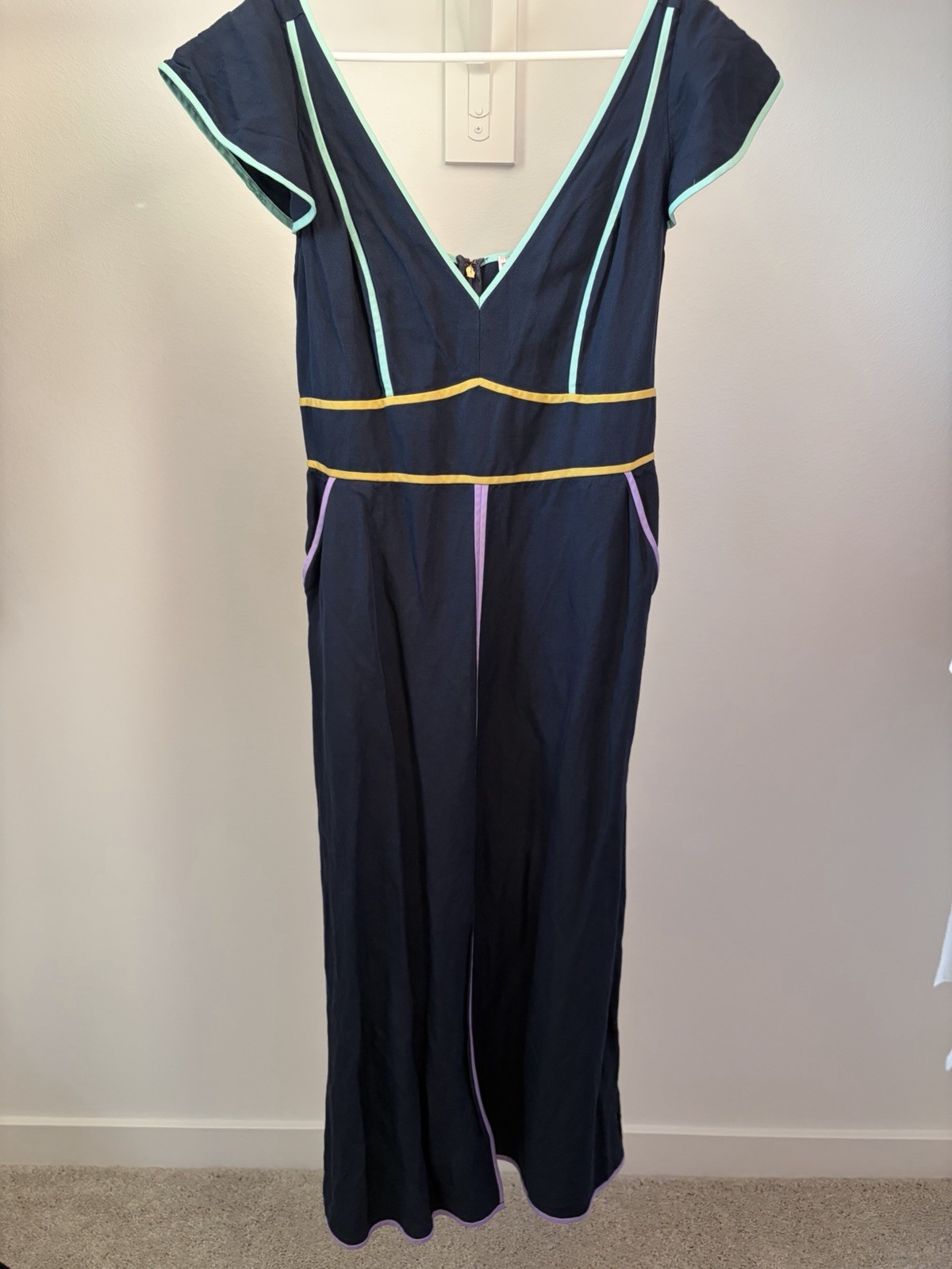 kate spade new york Silk Linen Contrast Trim V-Neck Flutter Midi Dress 6 Navy