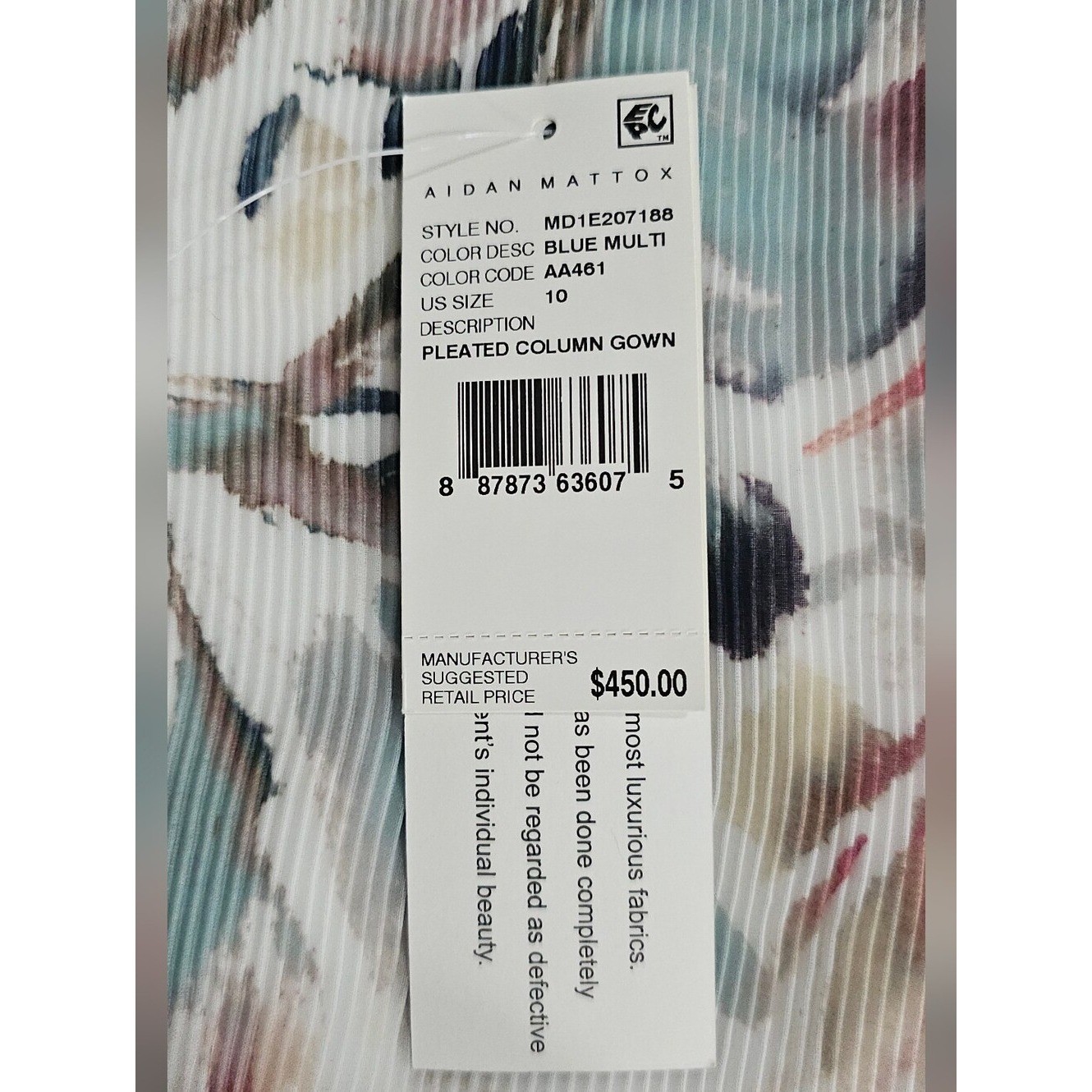 AIDAN MATTOX Women’s Blue Multi Sleeveless Pleated Column Gown. Size 10. NWT