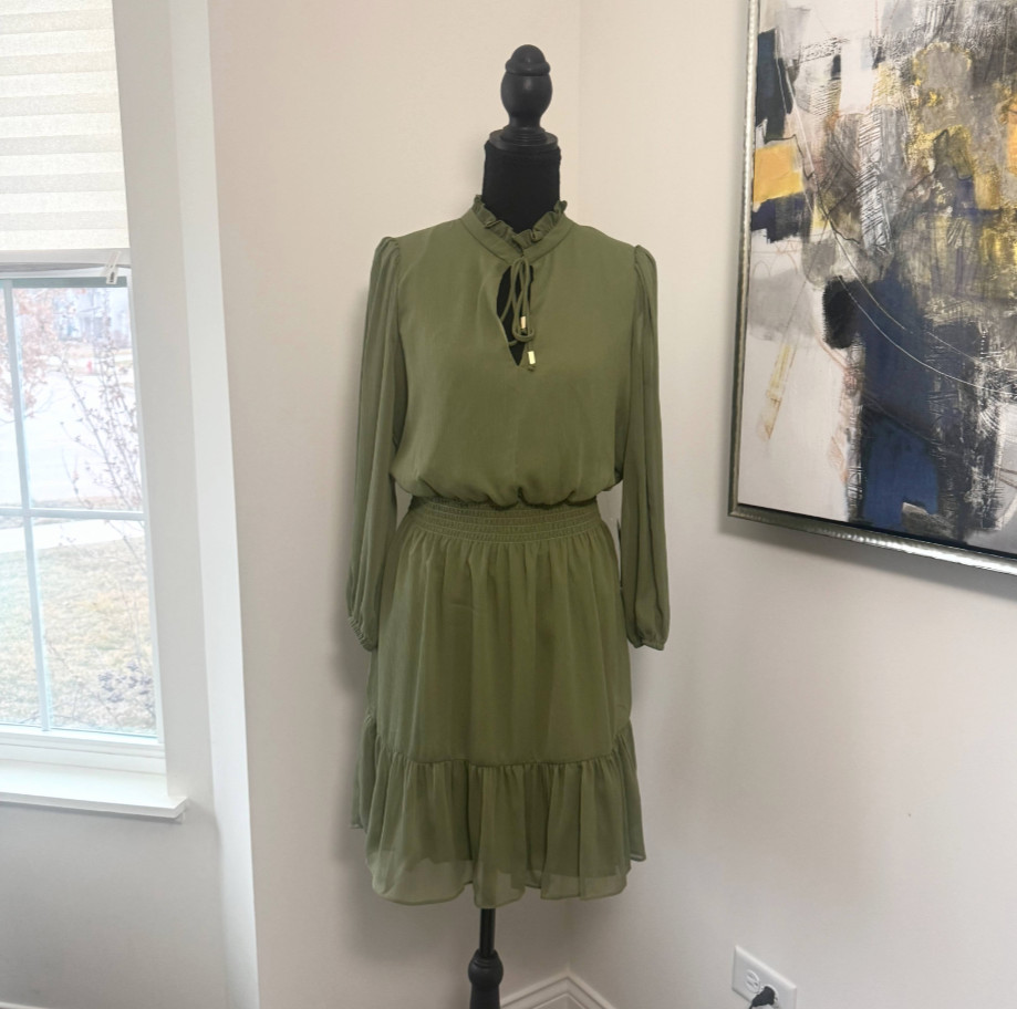 Vince Camuto Olive Tie-Neck Smocked Waist Tiered Dress (NWT)
