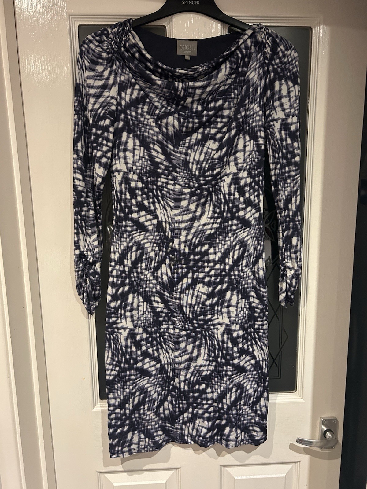 Ghost London Abstract Cowl Neck Midi Dress | Size 12 | Navy & White