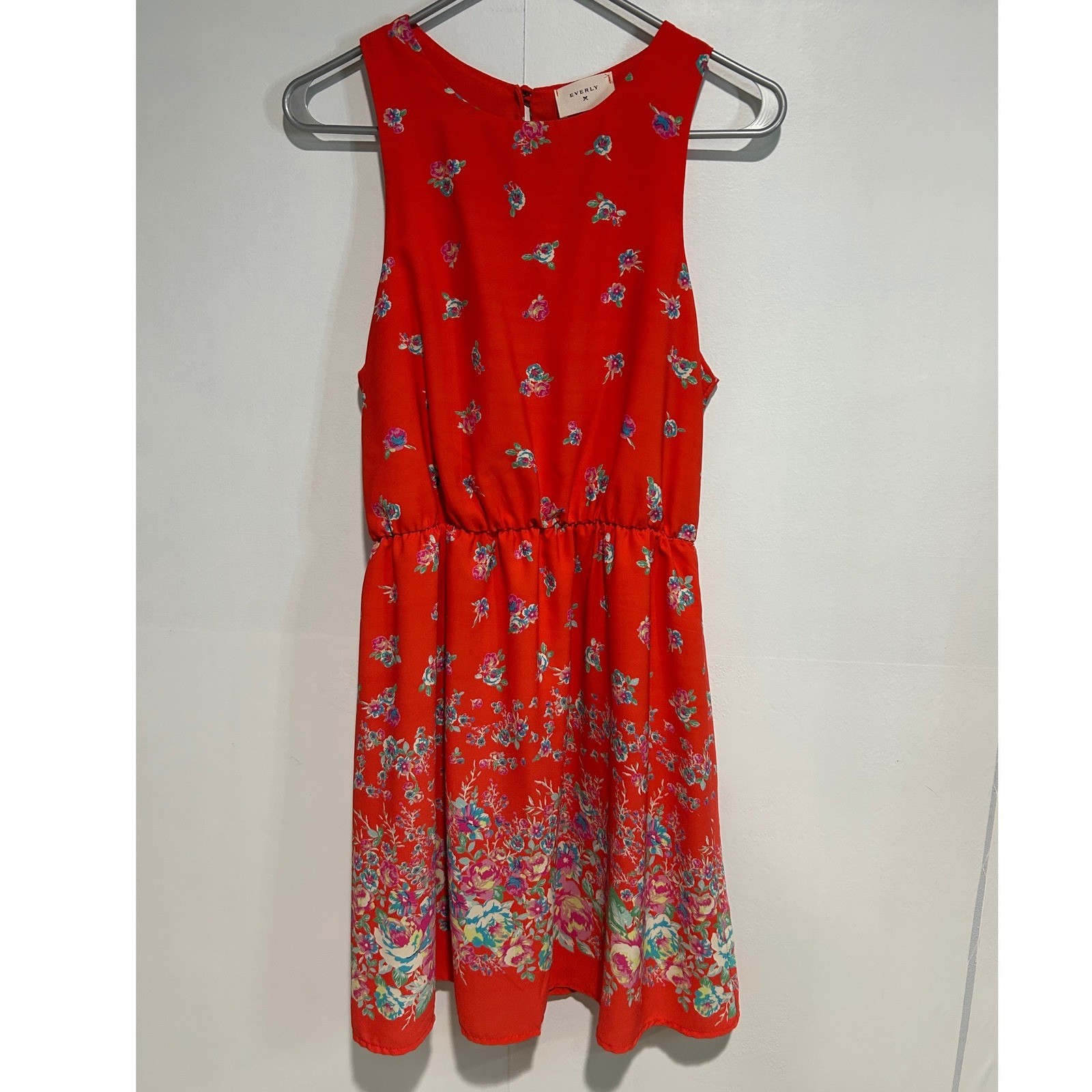 Everly Floral Dress Womens Large Red Sleeveless Elastic Waist Summer Garden