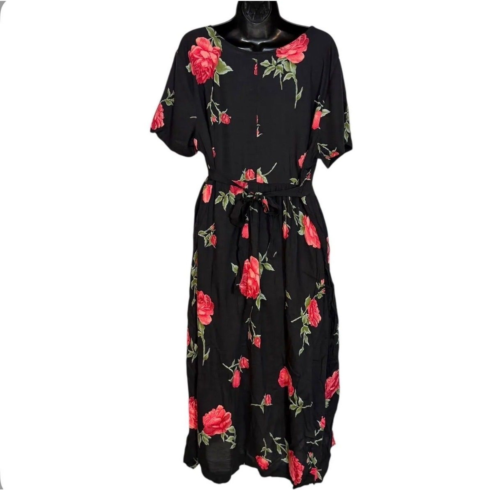 VTG 1990s BLACK & RED ROSE DARK FLORAL WHIMSIGOTH GRUNGE BABYDOLL MAXI DRESS L
