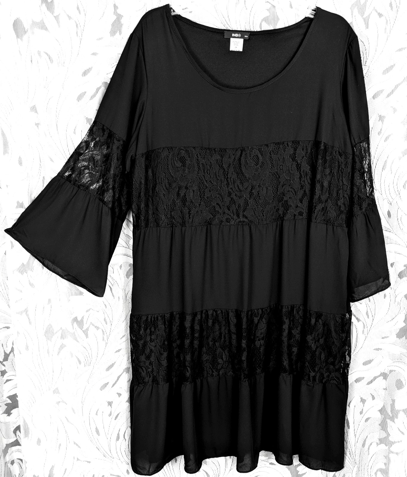 2X 1X ING Boho Very Black Woven Tiered Crepe/Lace Knee Length Bell Sleeve Dress