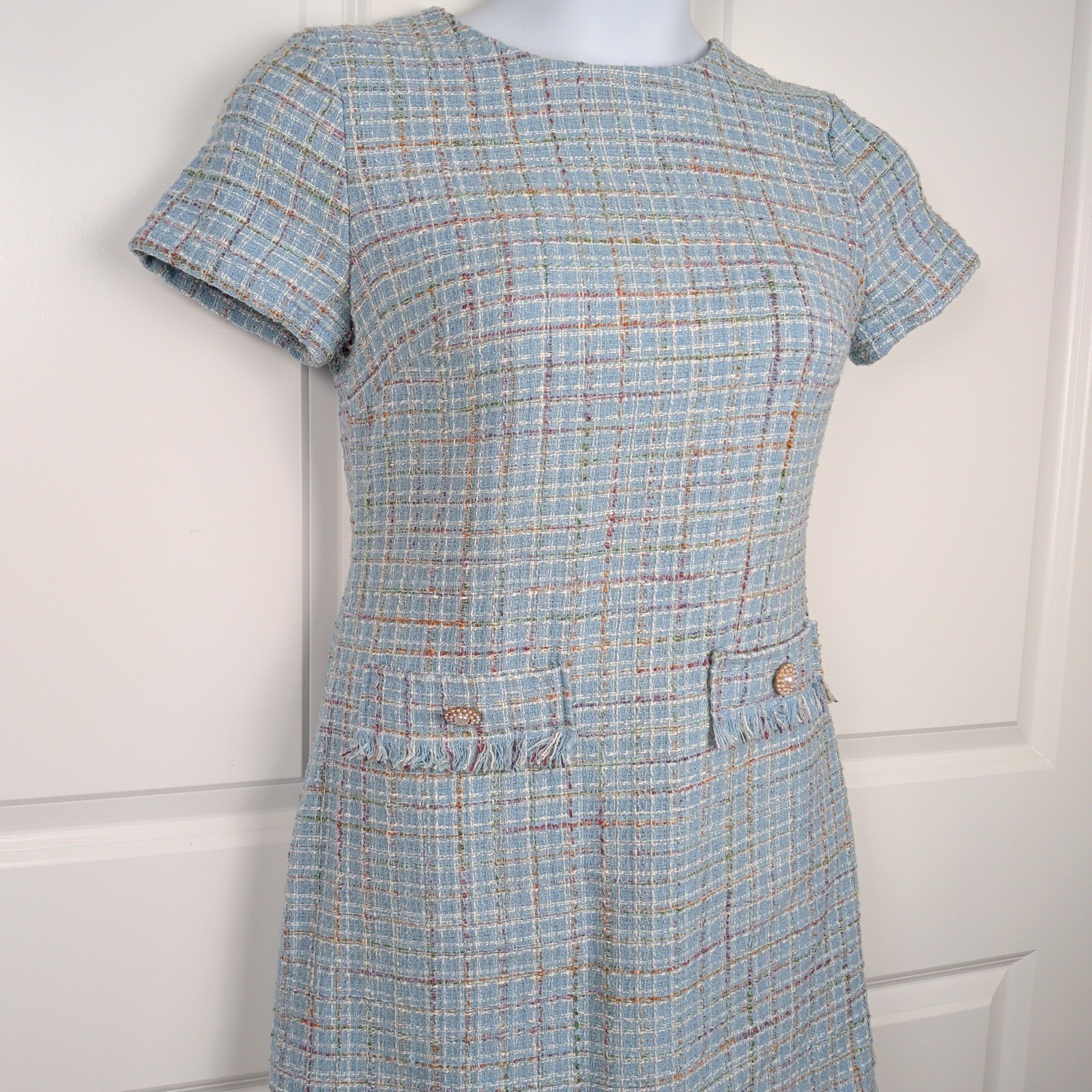 Blue Tweed Coquette Preppy Mini Dress Short Sleeve Pearl Button Elle Woods