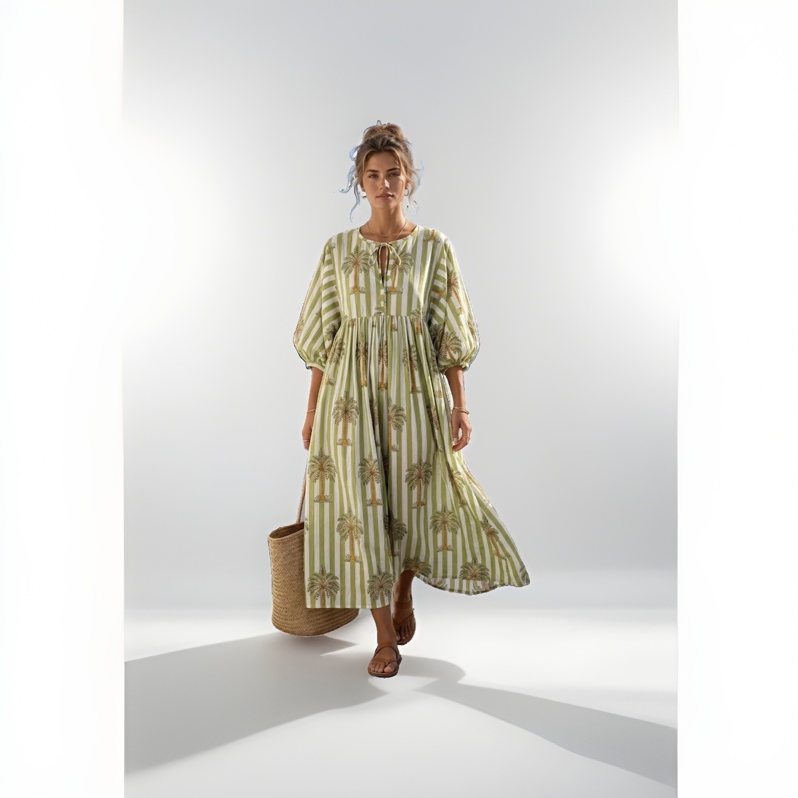Handmade Blue Striped Cotton Maxi Dress, Boho Balloon Sleeve Dress Great Quality