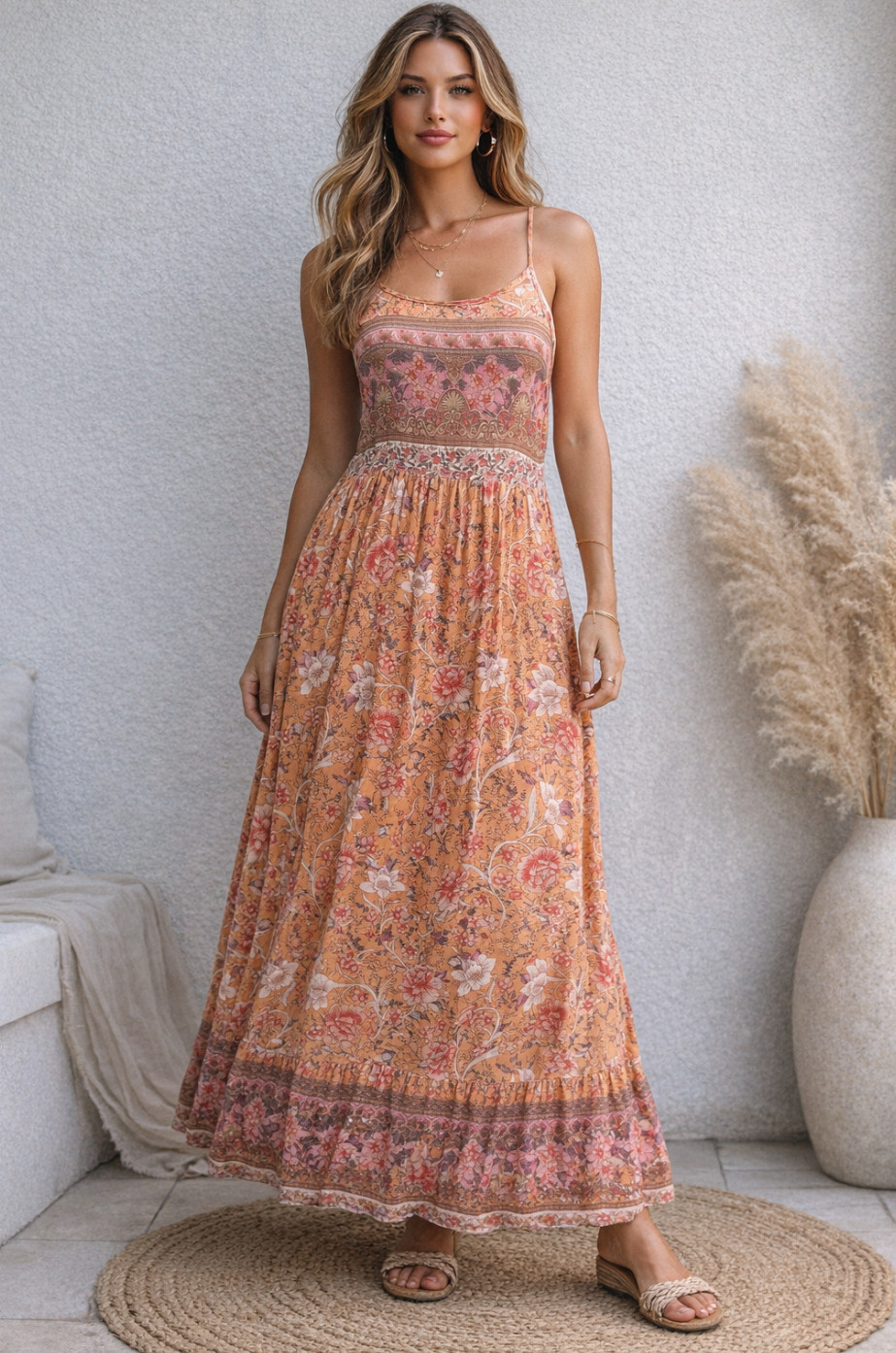 Emery Rose Maxi Dress Womens L Orange Boho Floral Sleeveless Tank Hippy Sundress