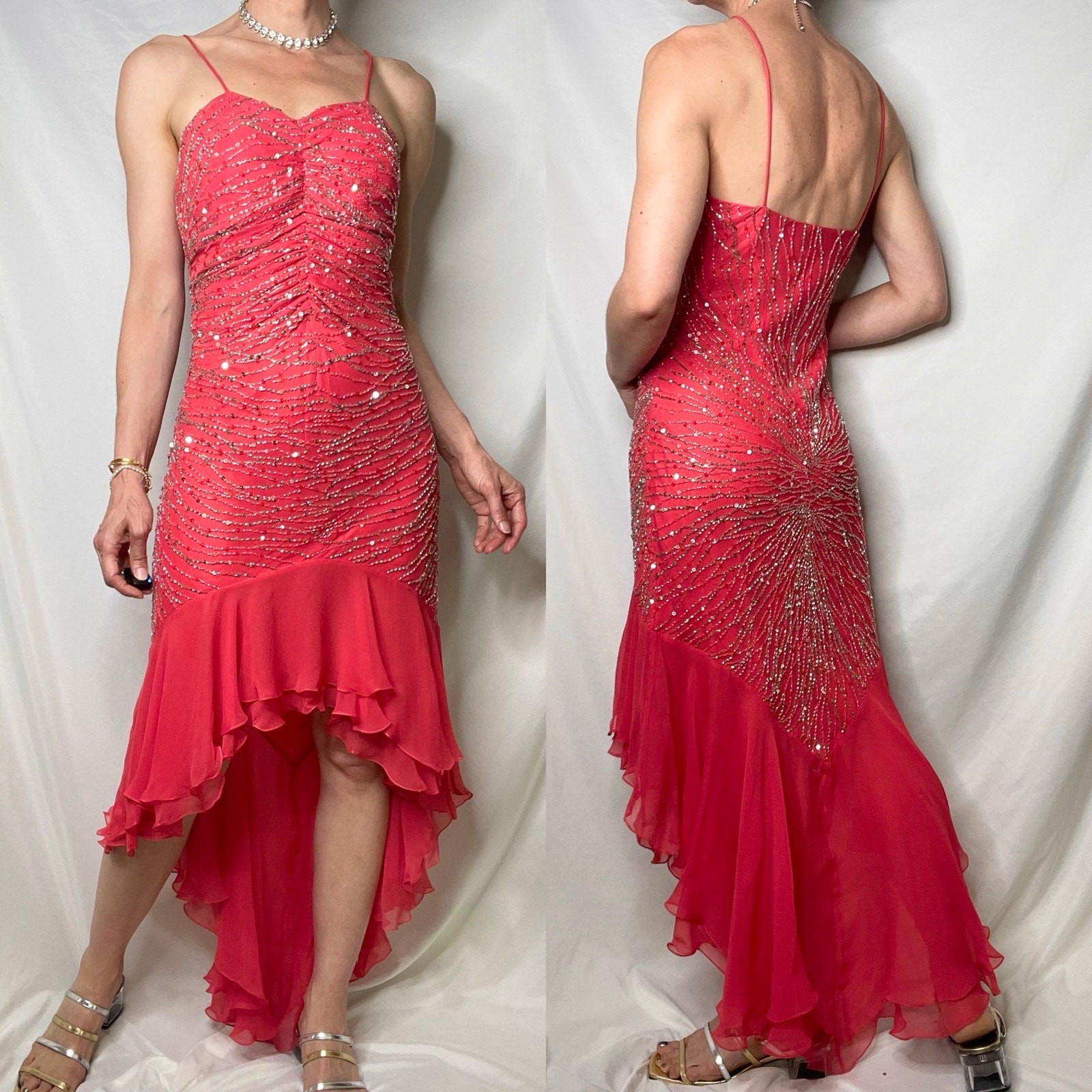 Scala coral pink 100% silk ruffle hem slip dress gown prom beaded sequin formal