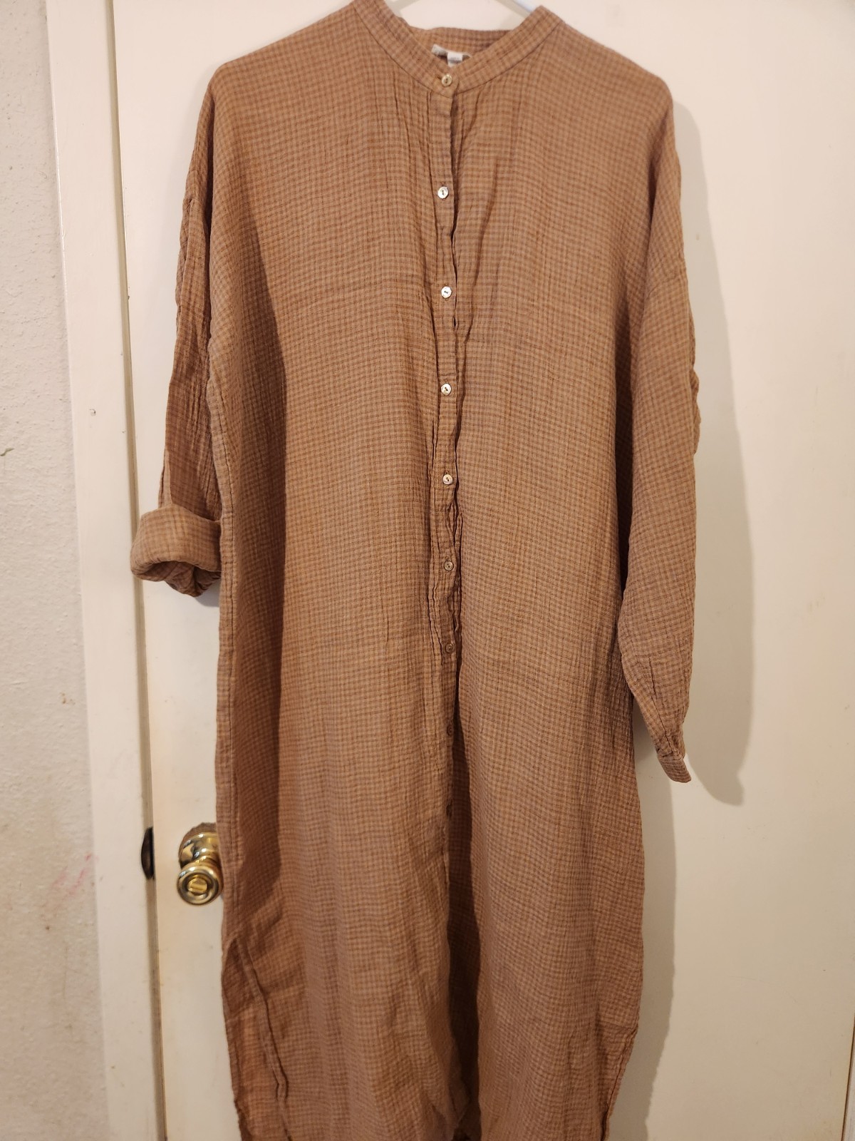 Eileen Fisher tan & Brown Gingham Check Shirt Dress Linen Maxi Dress (M) B:52″