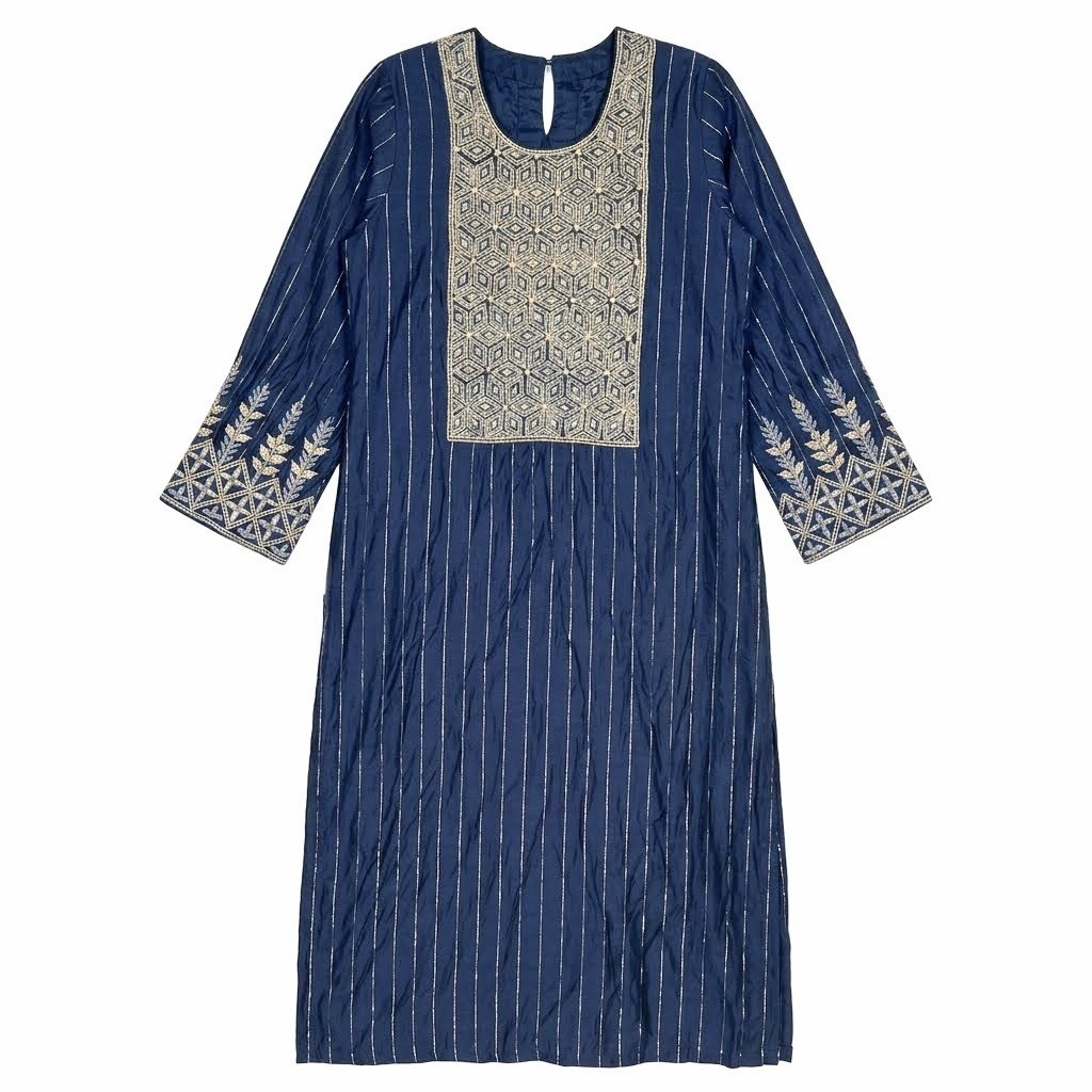 Indian Festival Boho Embroidered Kurta Tunic Dress Medium Navy Blue
