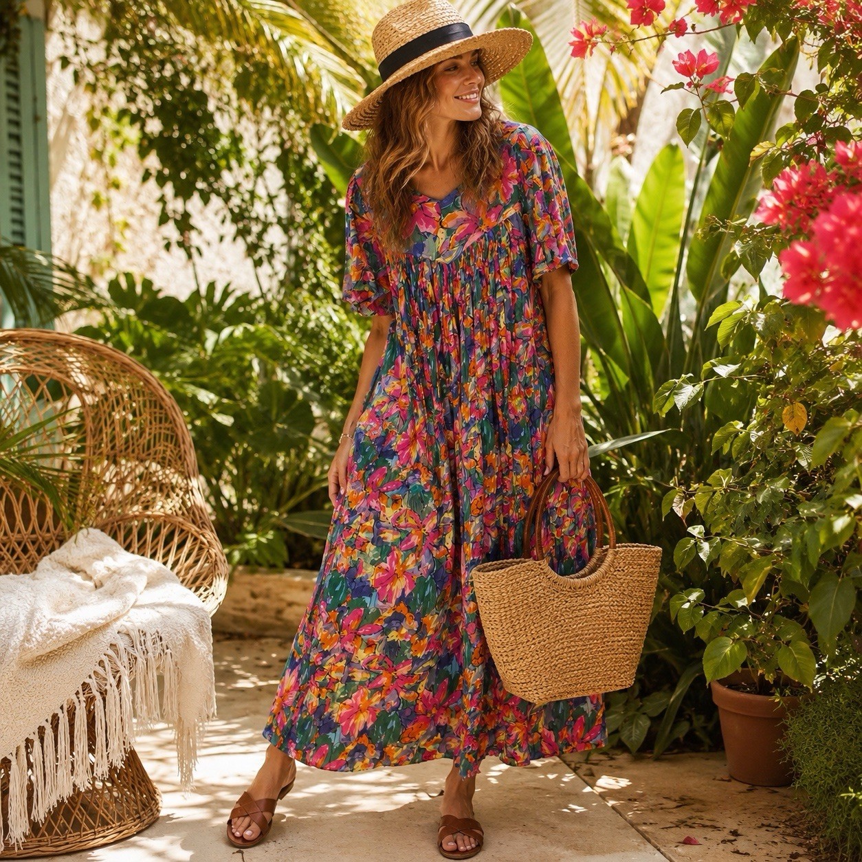 Sita Nepal 100% Cotton Floral Maxi Dress M Boho Cottagecore Tropical Oversized