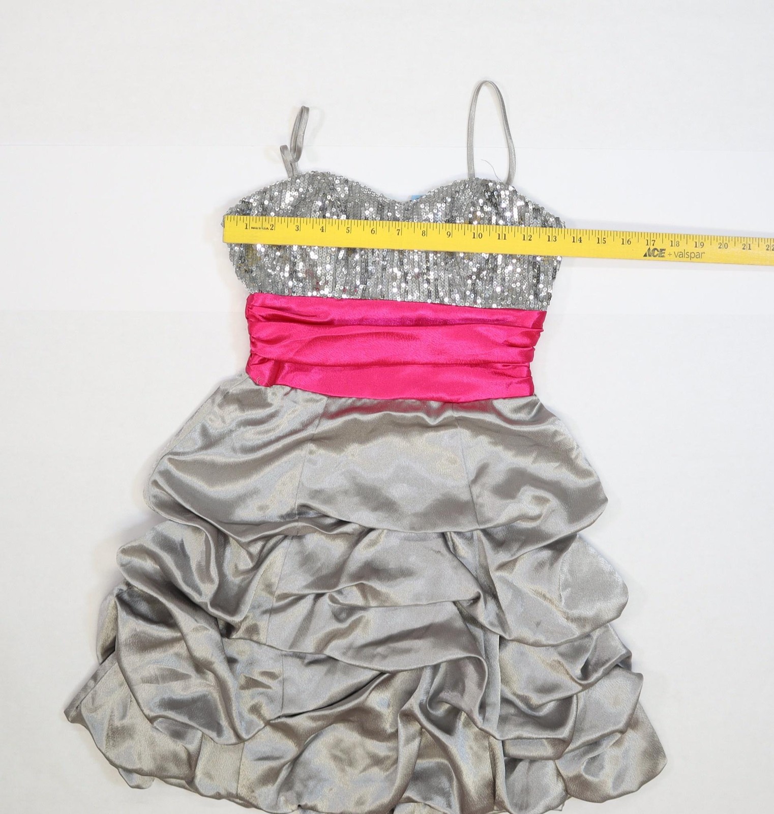 B. Smart Dress Womens 3 Silver Pink Sequin Bodice Ruched Bubble Prom Homecoming