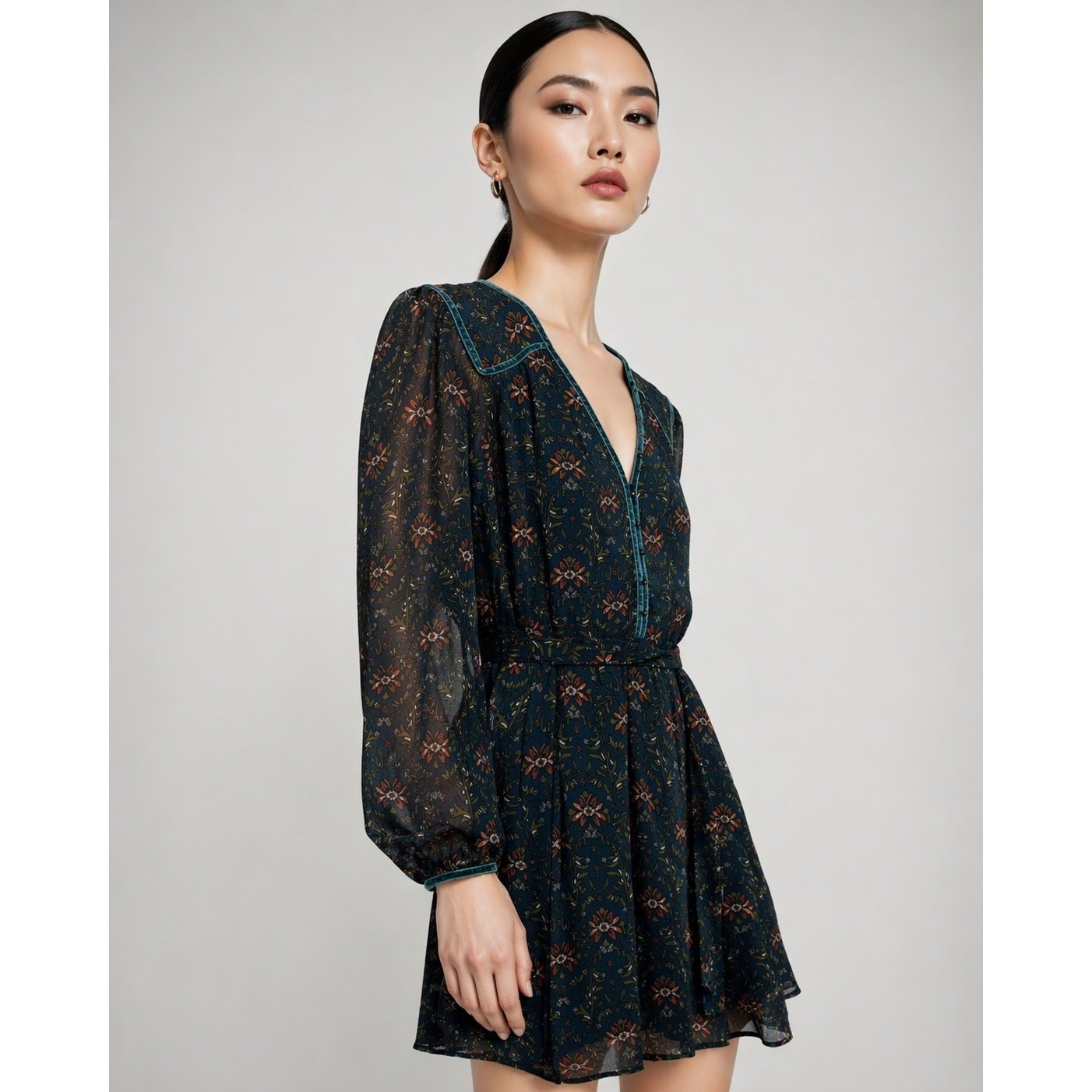 Daniel Rainn Floral Long Sleeve Mini Dress Velvet Trim Teal Size SP NEW