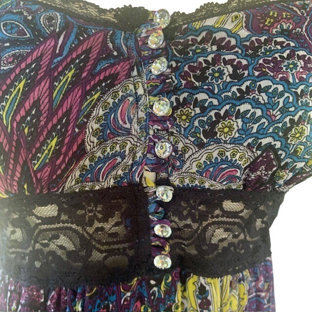Paisley Patchwork Maxi Dress M Boho Tiered Lace Gypsy Indie Folk Whimsigoth
