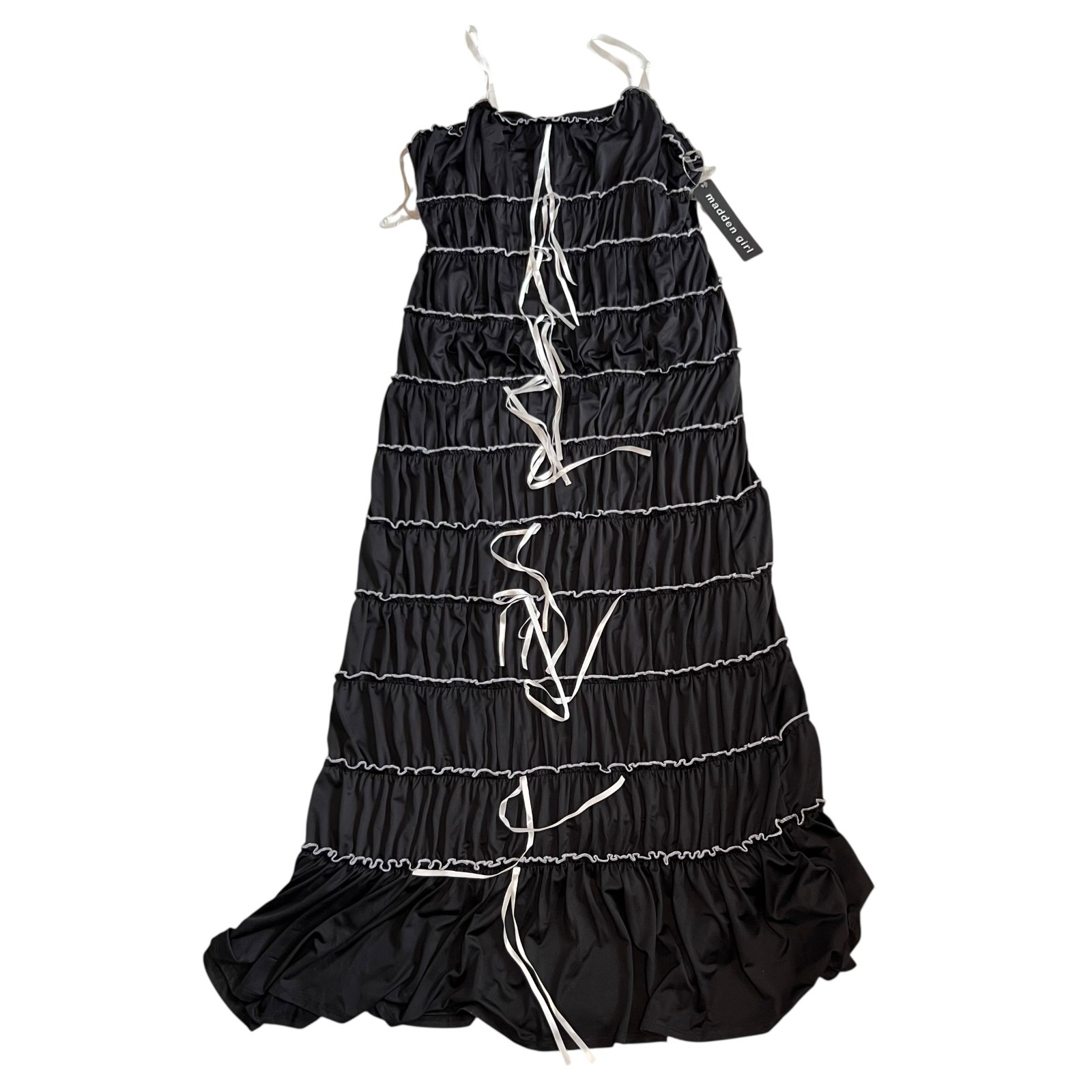 Madden Girl tiered maxi dress large black white contrast bows sleeveless ruffle